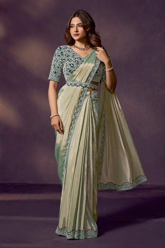 Pista Green Embroidered Silk Readymade Saree with Stitched Blouse-SAR10862_1_SareeButa.com