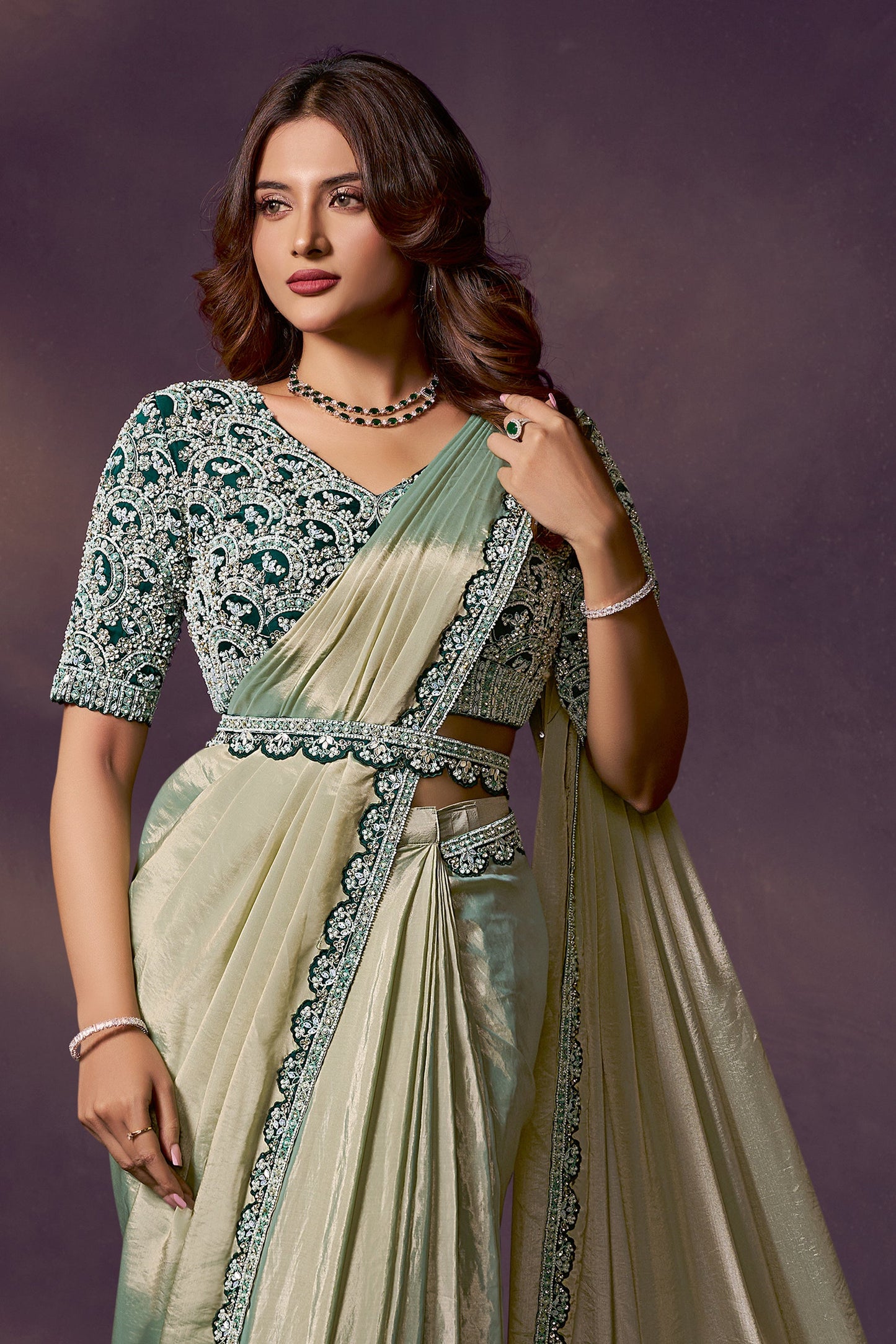 Pista Green Embroidered Silk Readymade Saree with Stitched Blouse-SAR10862_3_SareeButa.com