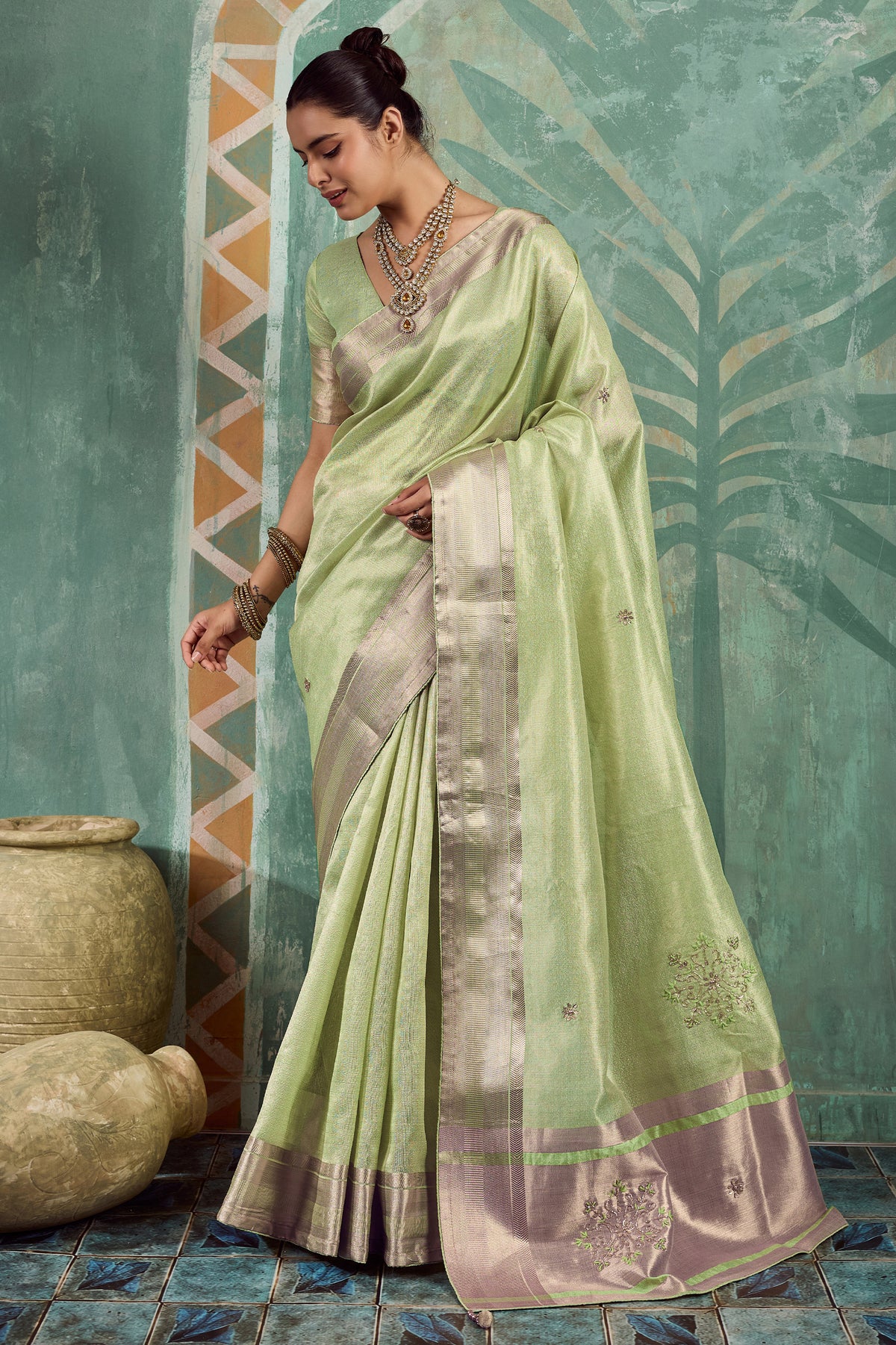 Pista Green Embroidered Tissue Cotton Saree-SAR12941_1_SareeButa.com
