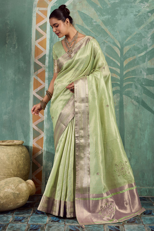 Pista Green Embroidered Tissue Cotton Saree-SAR12941_1_SareeButa.com