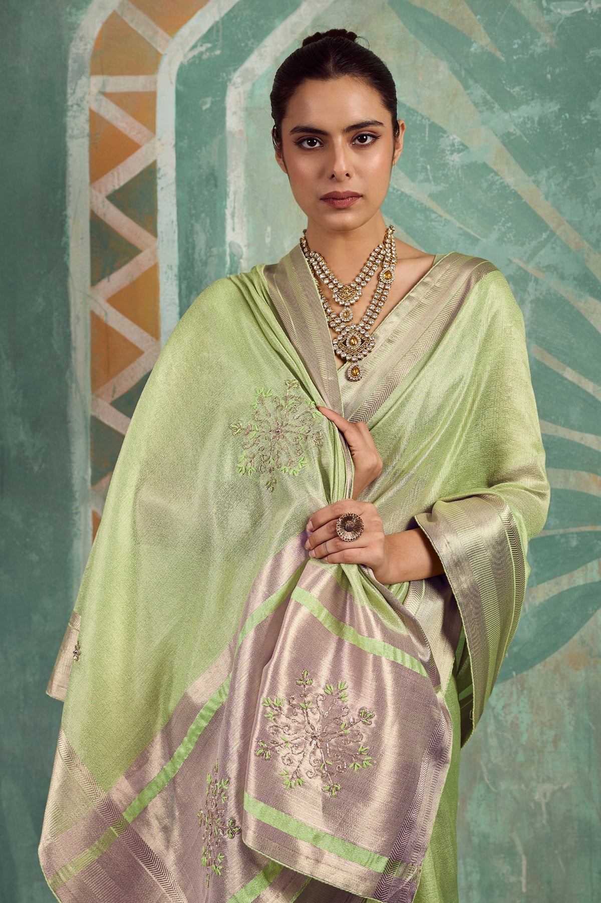 Pista Green Embroidered Tissue Cotton Saree-SAR12941_2_SareeButa.com