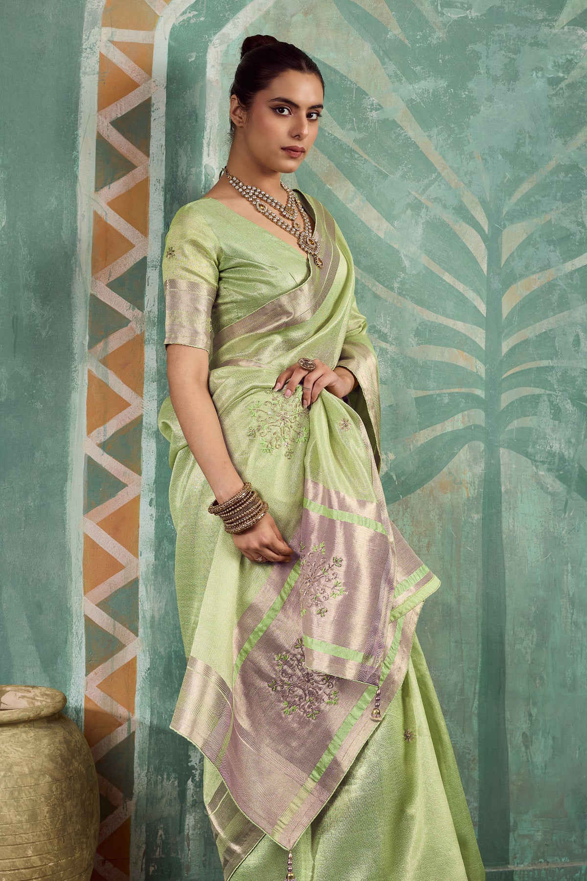 Pista Green Embroidered Tissue Cotton Saree-SAR12941_3_SareeButa.com