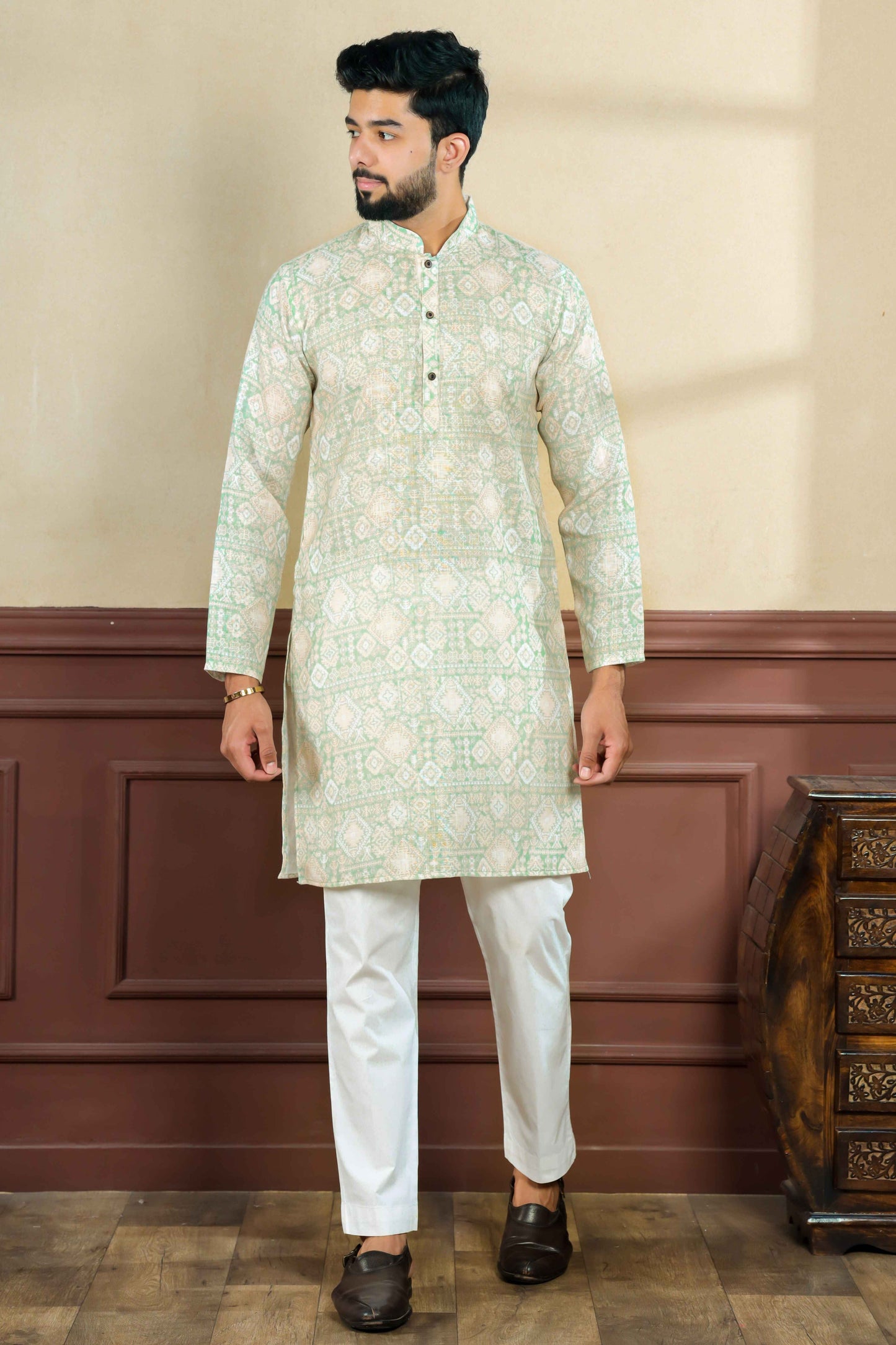 Pista Green Printed Linen Kurta Pajama-MW61_1_SareeButa.com