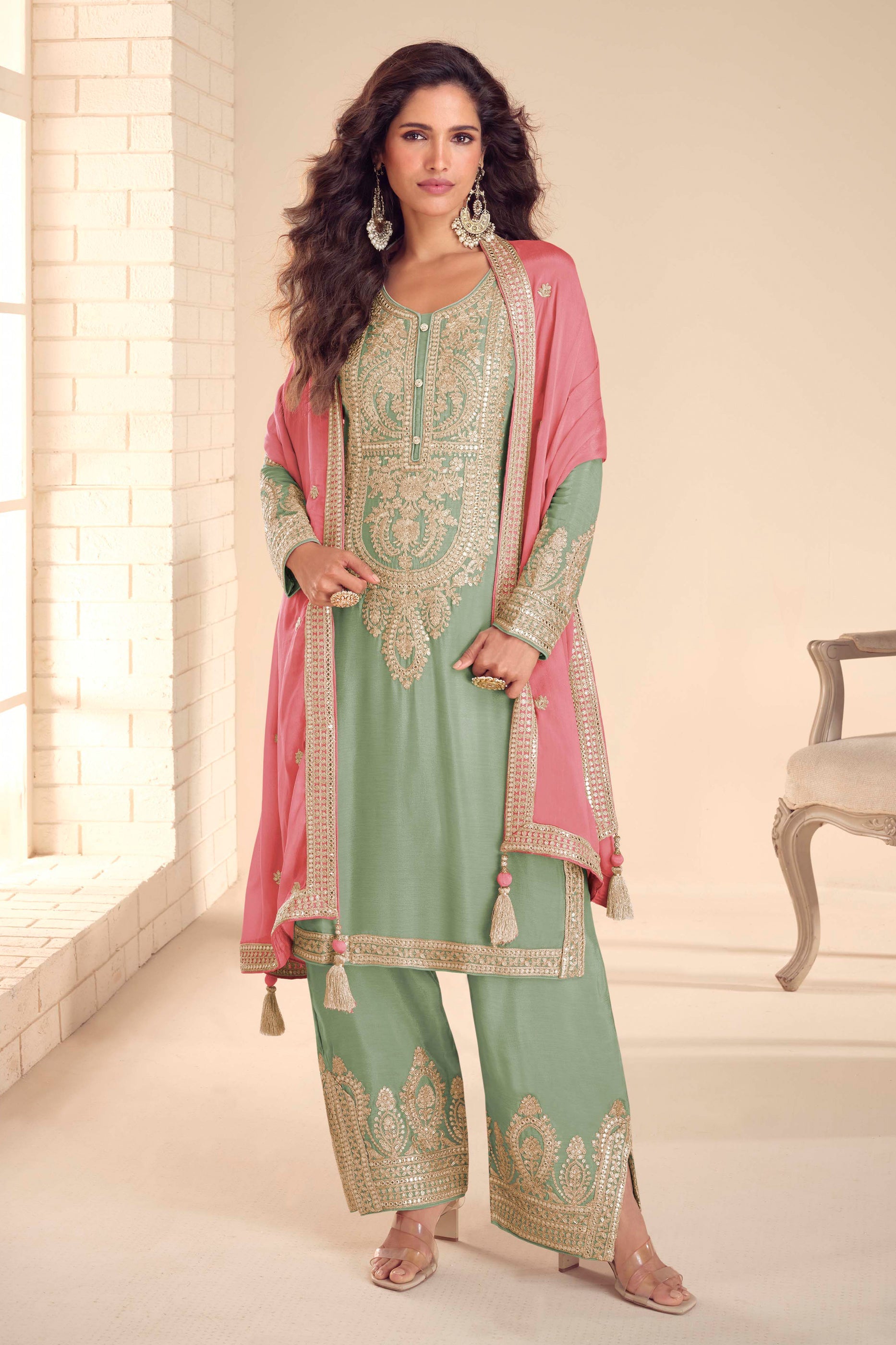 Pista Green Readymade Embroidered Chinon Suit-SAR12151_1_SareeButa.com