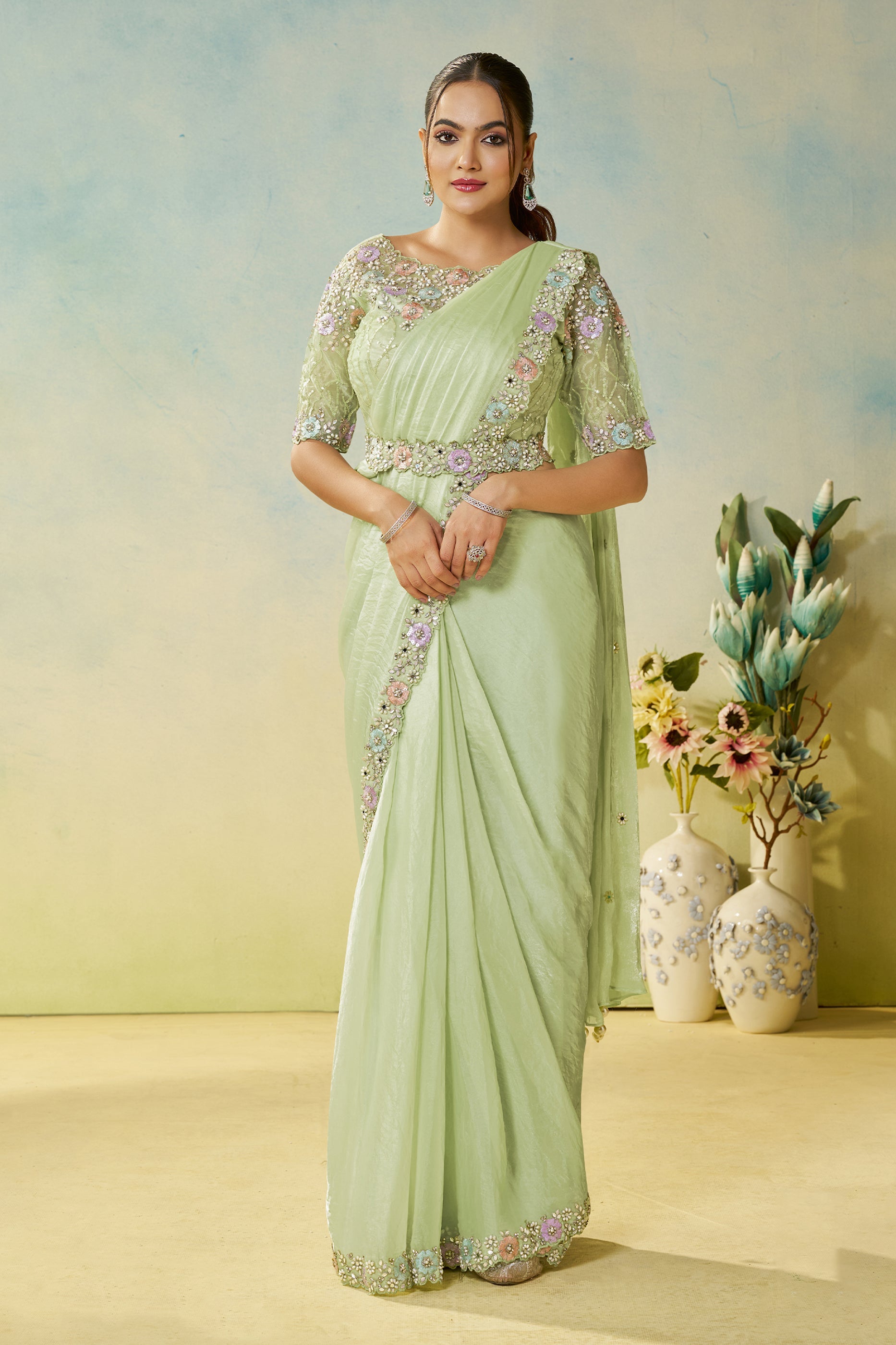Pista Green Satin Silk Readymade Saree-SAR11141_1_SareeButa.com