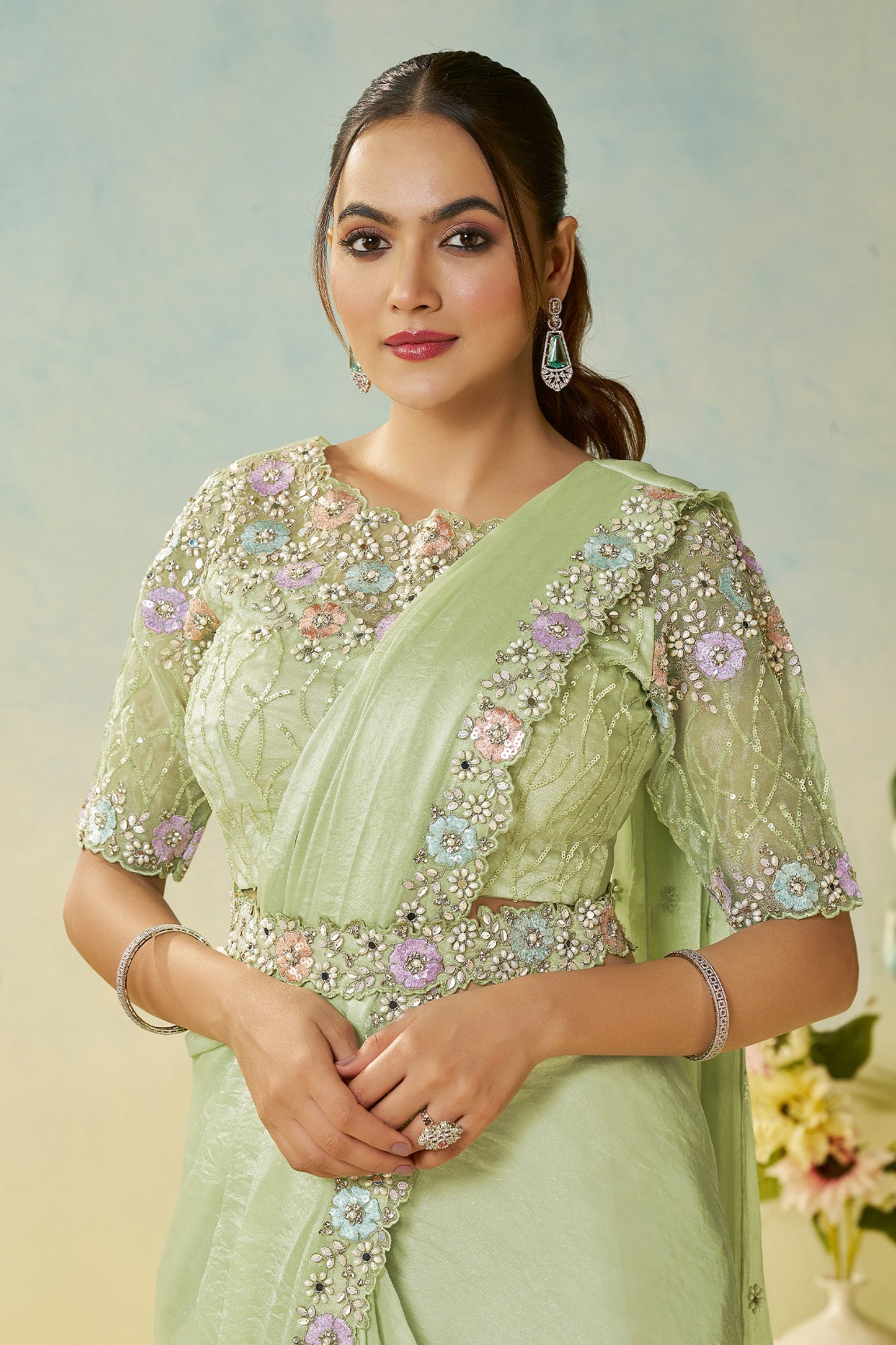 Pista Green Satin Silk Readymade Saree-SAR11141_2_SareeButa.com