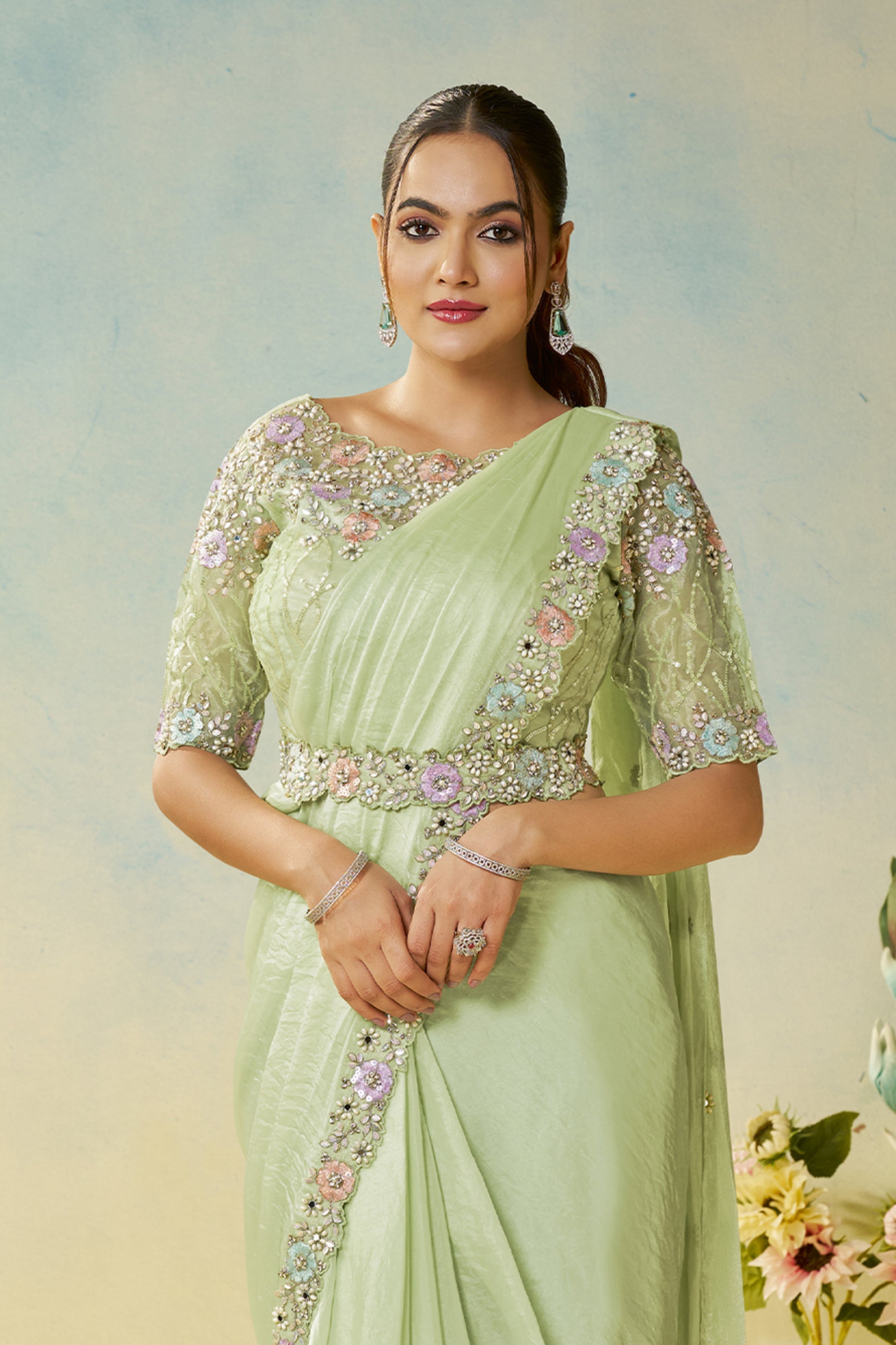 Pista Green Satin Silk Readymade Saree-SAR11141_3_SareeButa.com