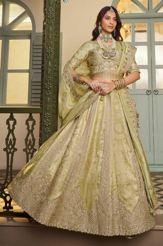 Pista Green Semi-Stitched Banarasi Silk Lehenga-SAR11696_1_SareeButa.com