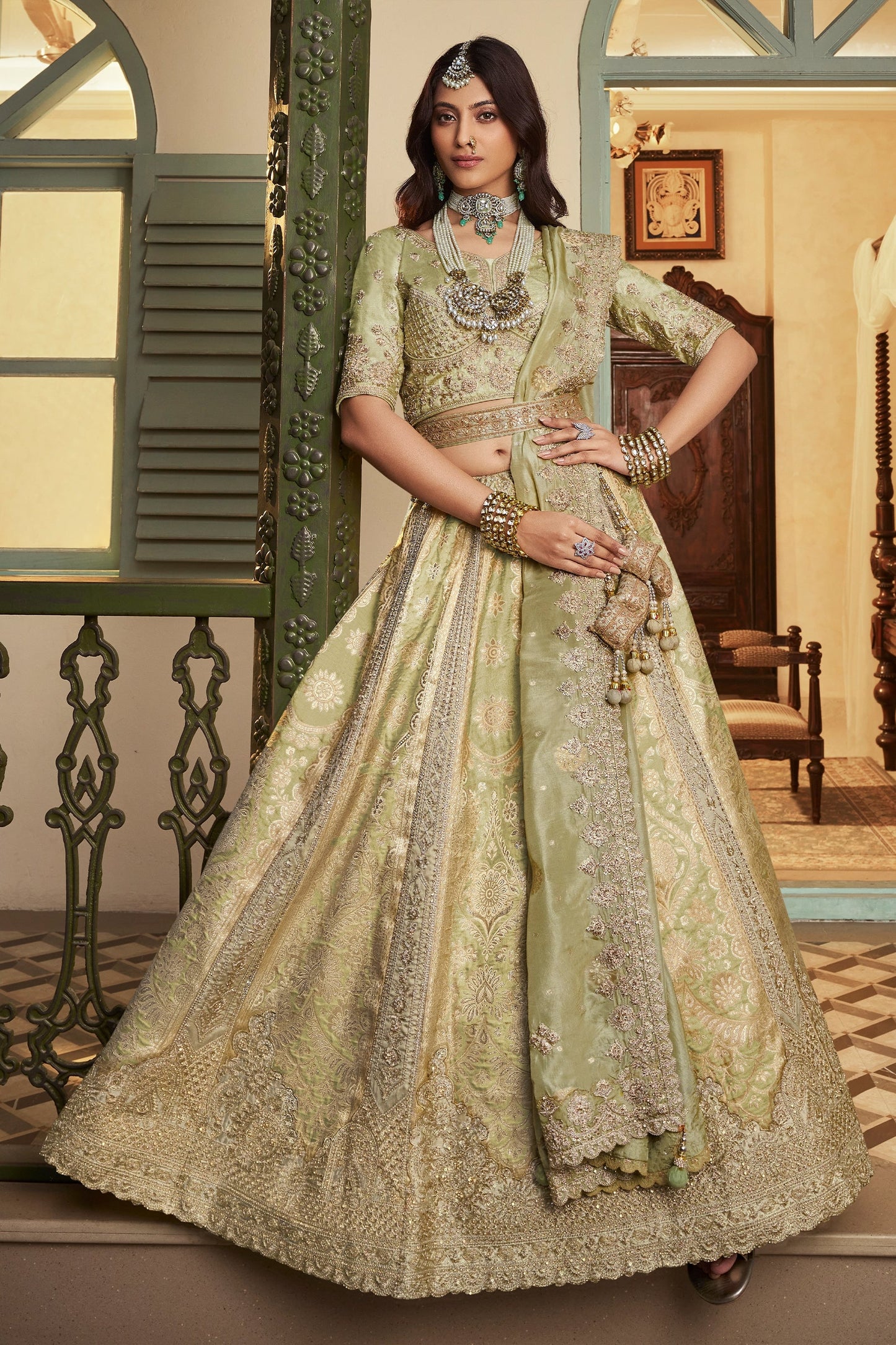 Pista Green Semi-Stitched Banarasi Silk Lehenga-SAR11696_4_SareeButa.com