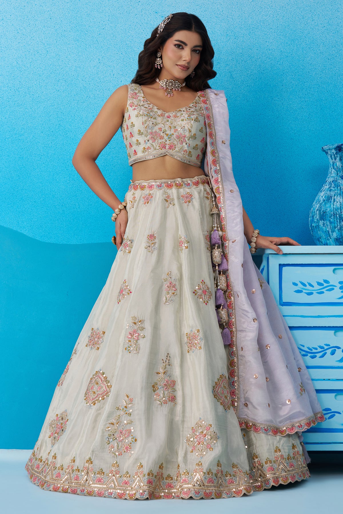 Pista Green Semi Stitched Embroidered Tissue Lehenga-SAR12845_1_SareeButa.com