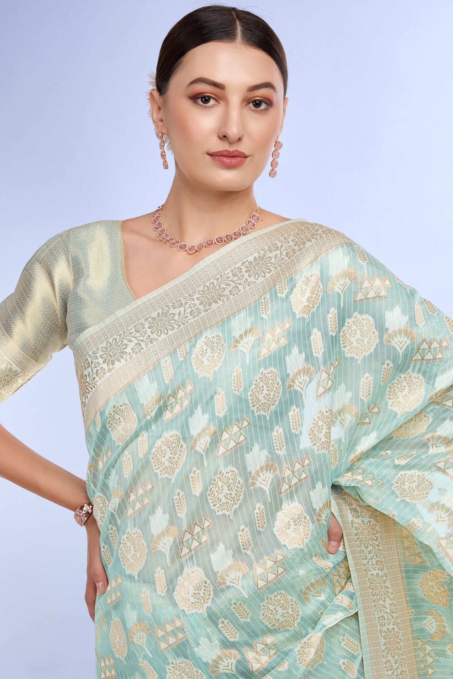 Pista Green Woven Organza Saree-ZB132170_2