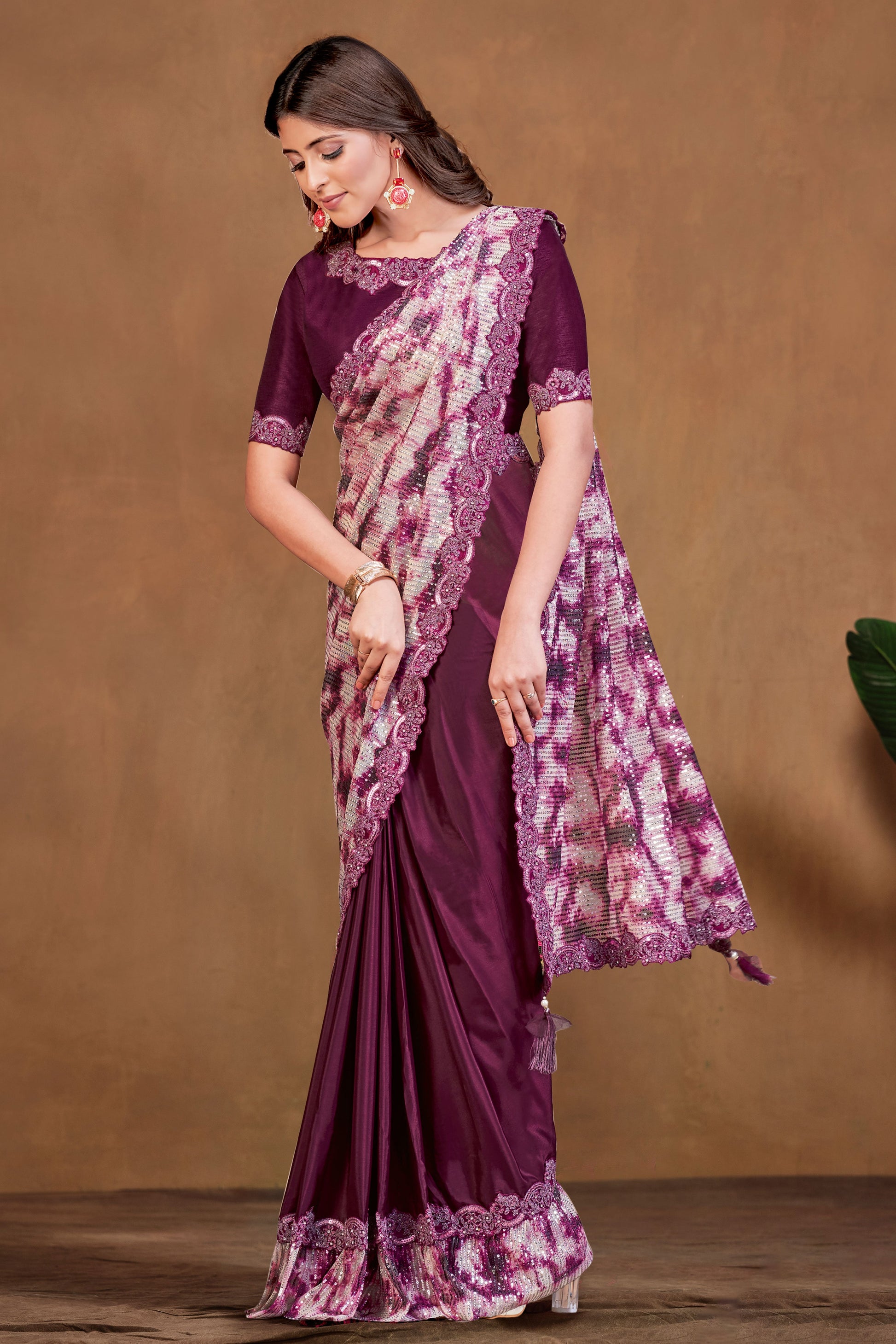 Plum Sequined Satin Crepe Readymade Saree-ZB133917_1_SareeButa.com