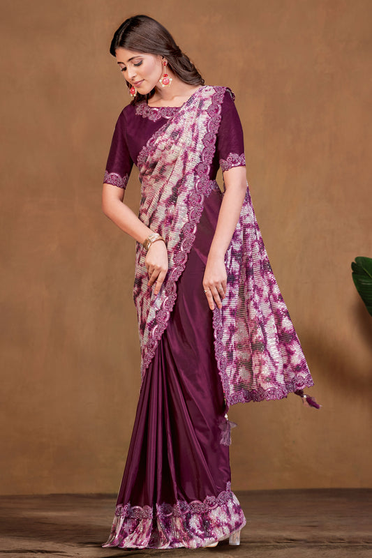 Plum Sequined Satin Crepe Readymade Saree-ZB133917_1_SareeButa.com