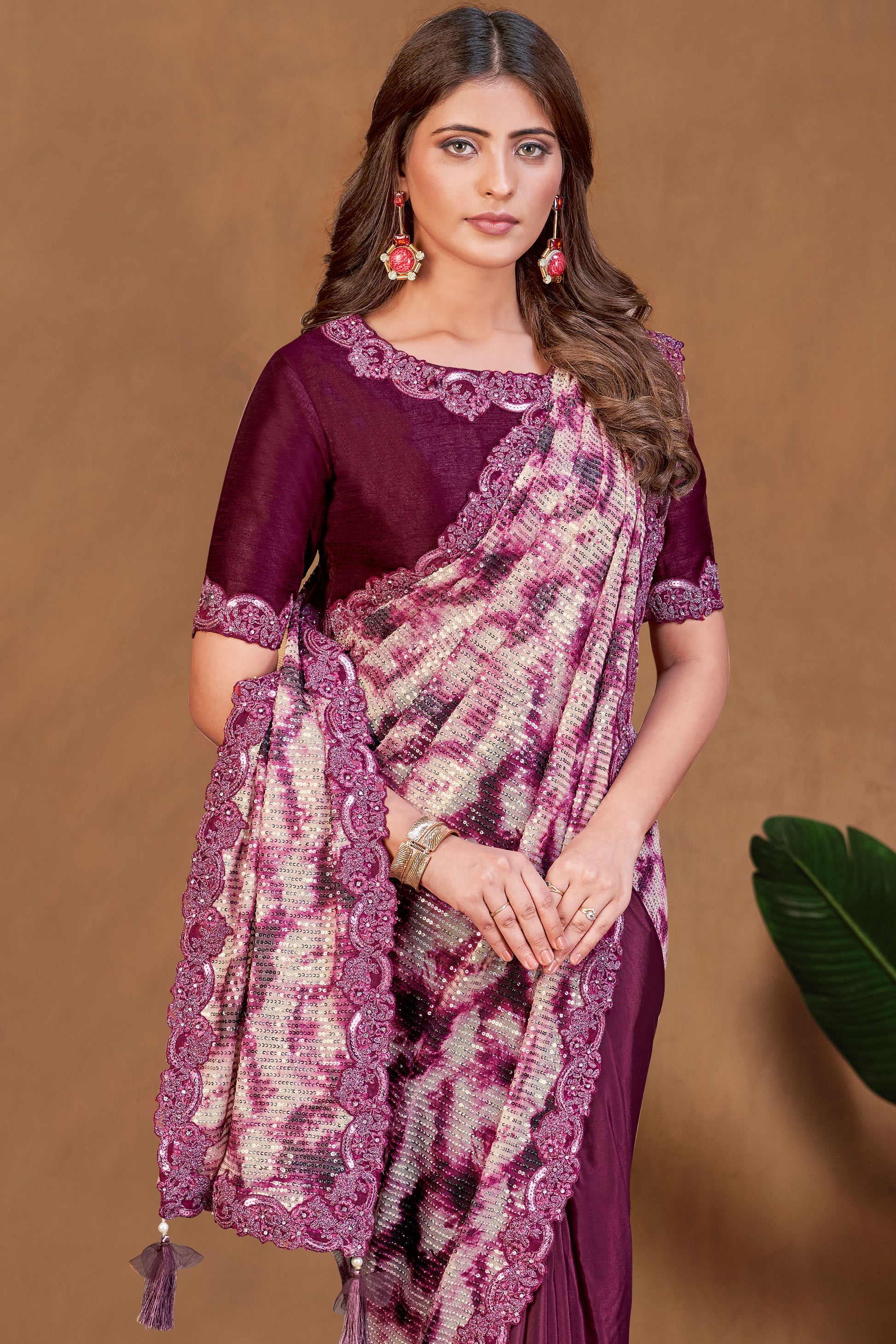 Plum Sequined Satin Crepe Readymade Saree-ZB133917_2_SareeButa.com