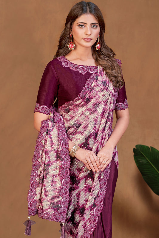 Plum Sequined Satin Crepe Readymade Saree-ZB133917_2_SareeButa.com
