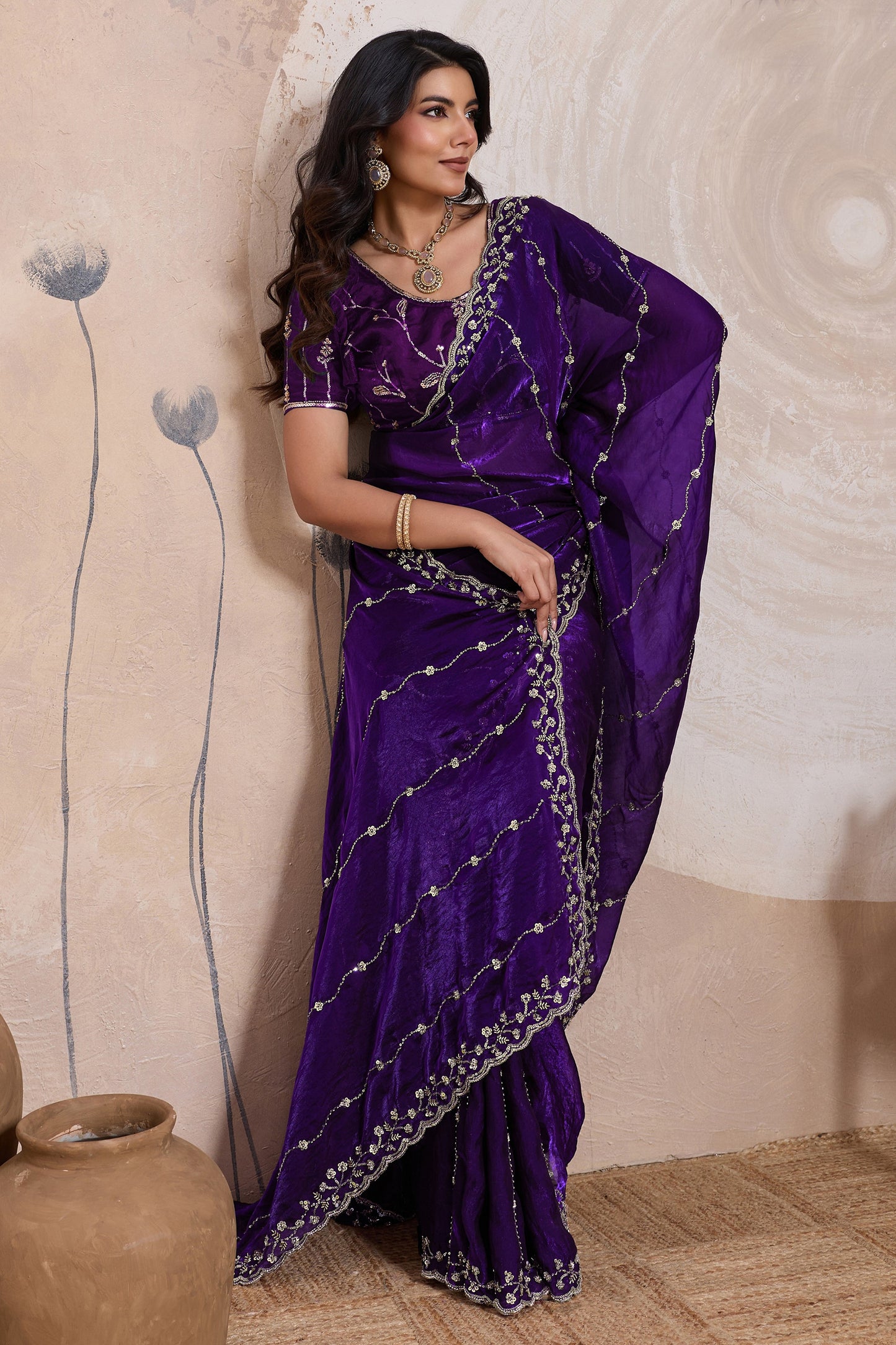 Plum Purple Embroidered Satin Saree-SAR11788_1_SareeButa.com