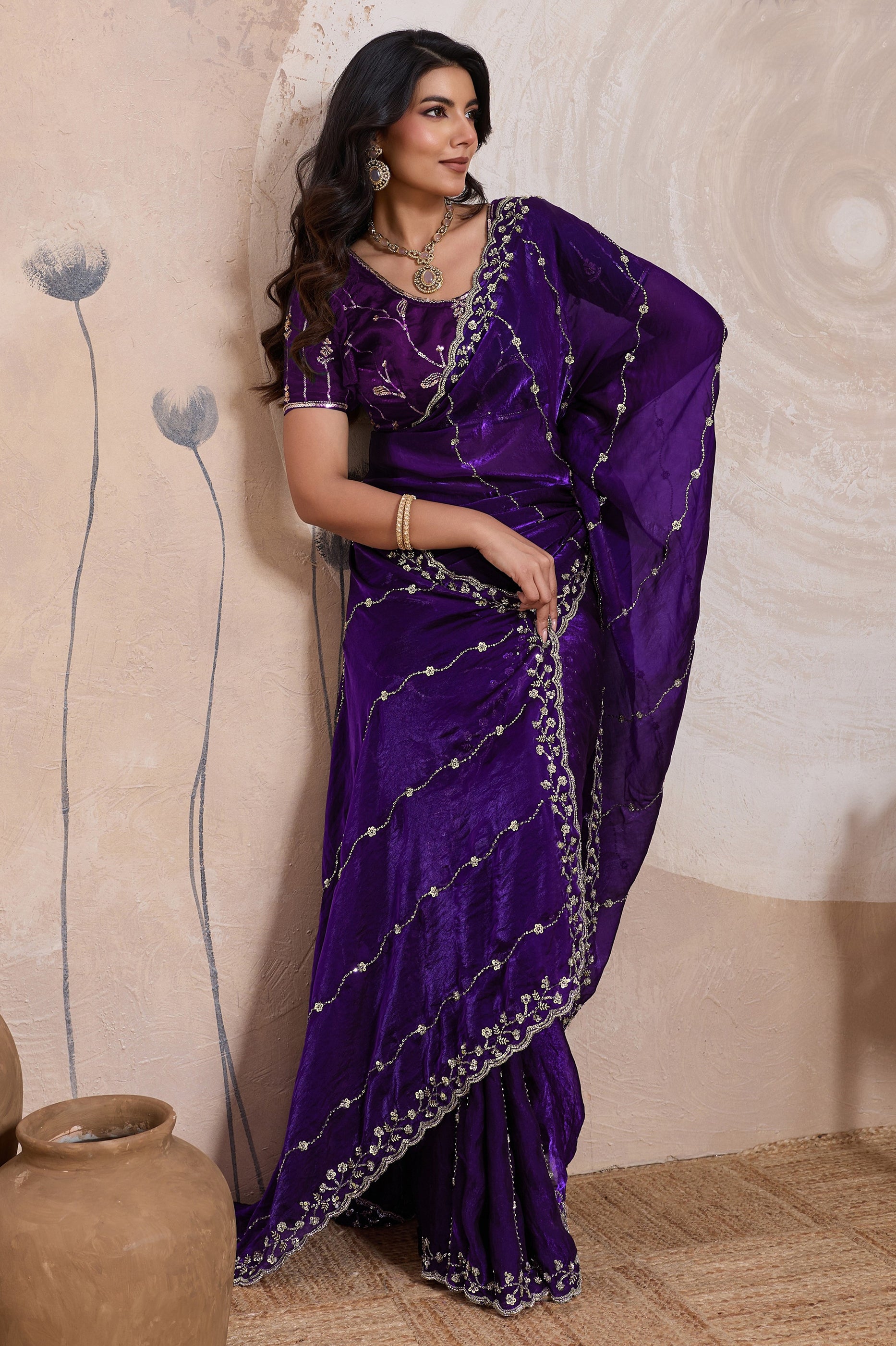 Plum Purple Embroidered Satin Saree-SAR11788_1_SareeButa.com