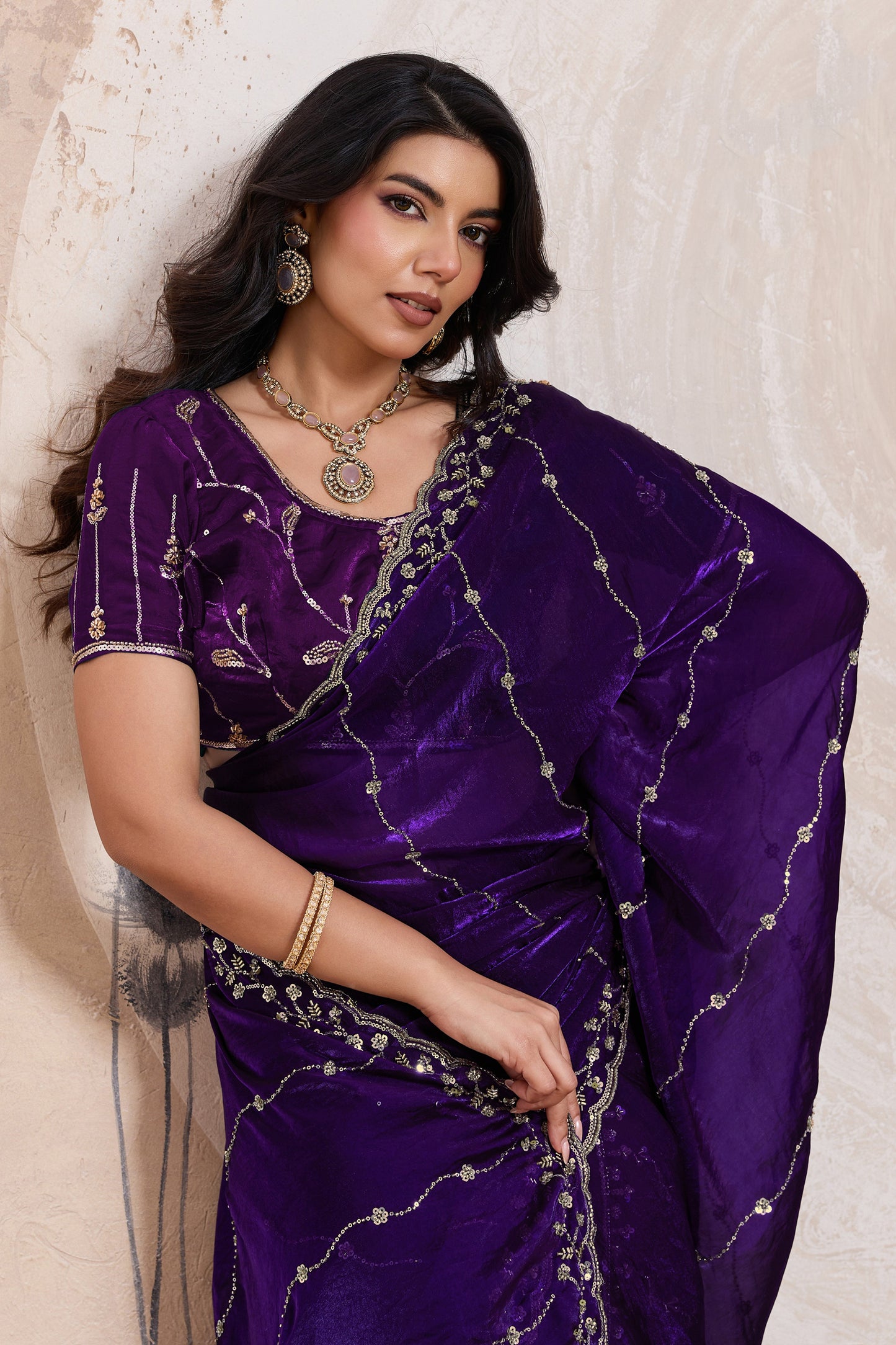 Plum Purple Embroidered Satin Saree-SAR11788_2_SareeButa.com