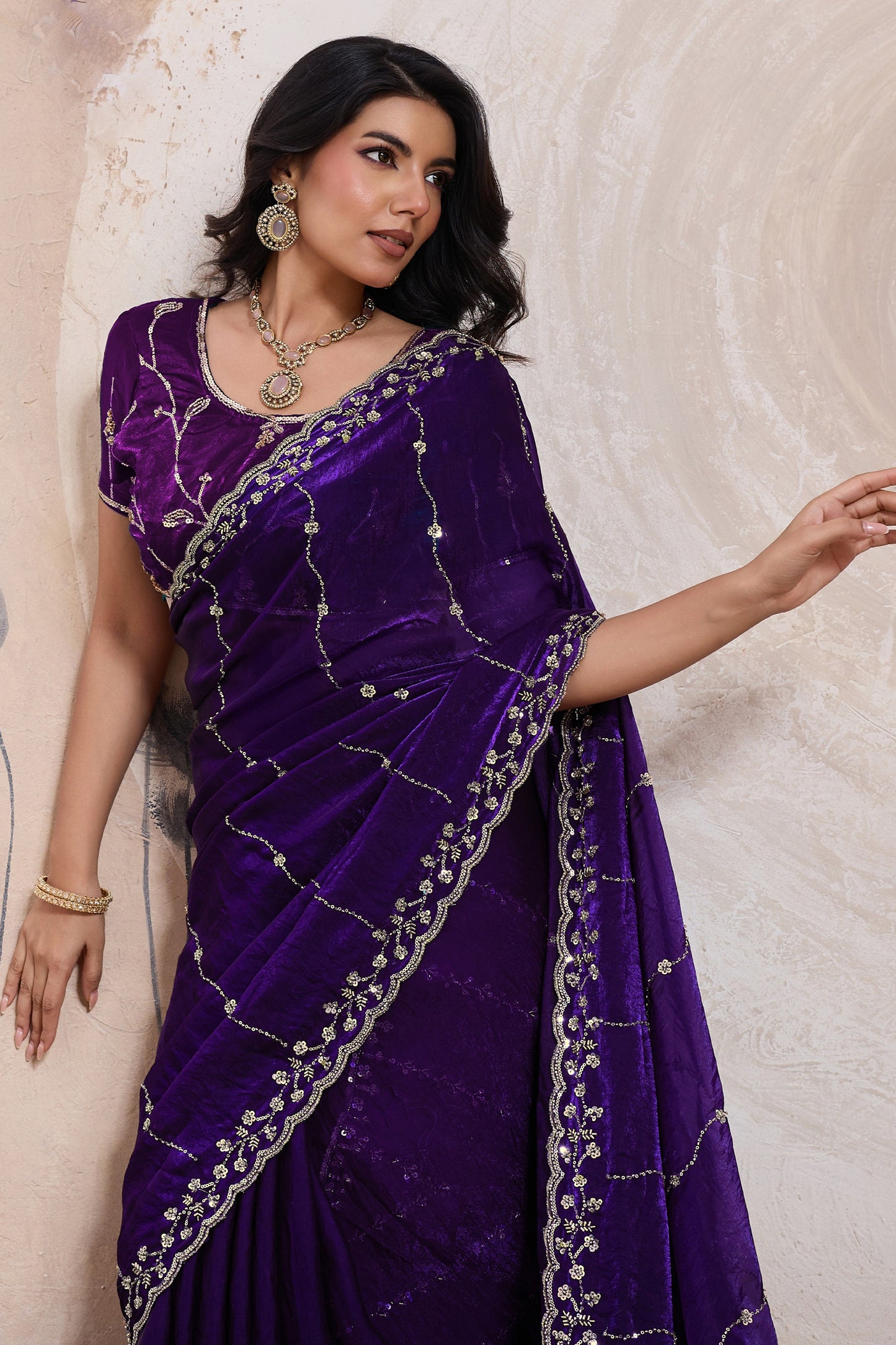 Plum Purple Embroidered Satin Saree-SAR11788_3_SareeButa.com