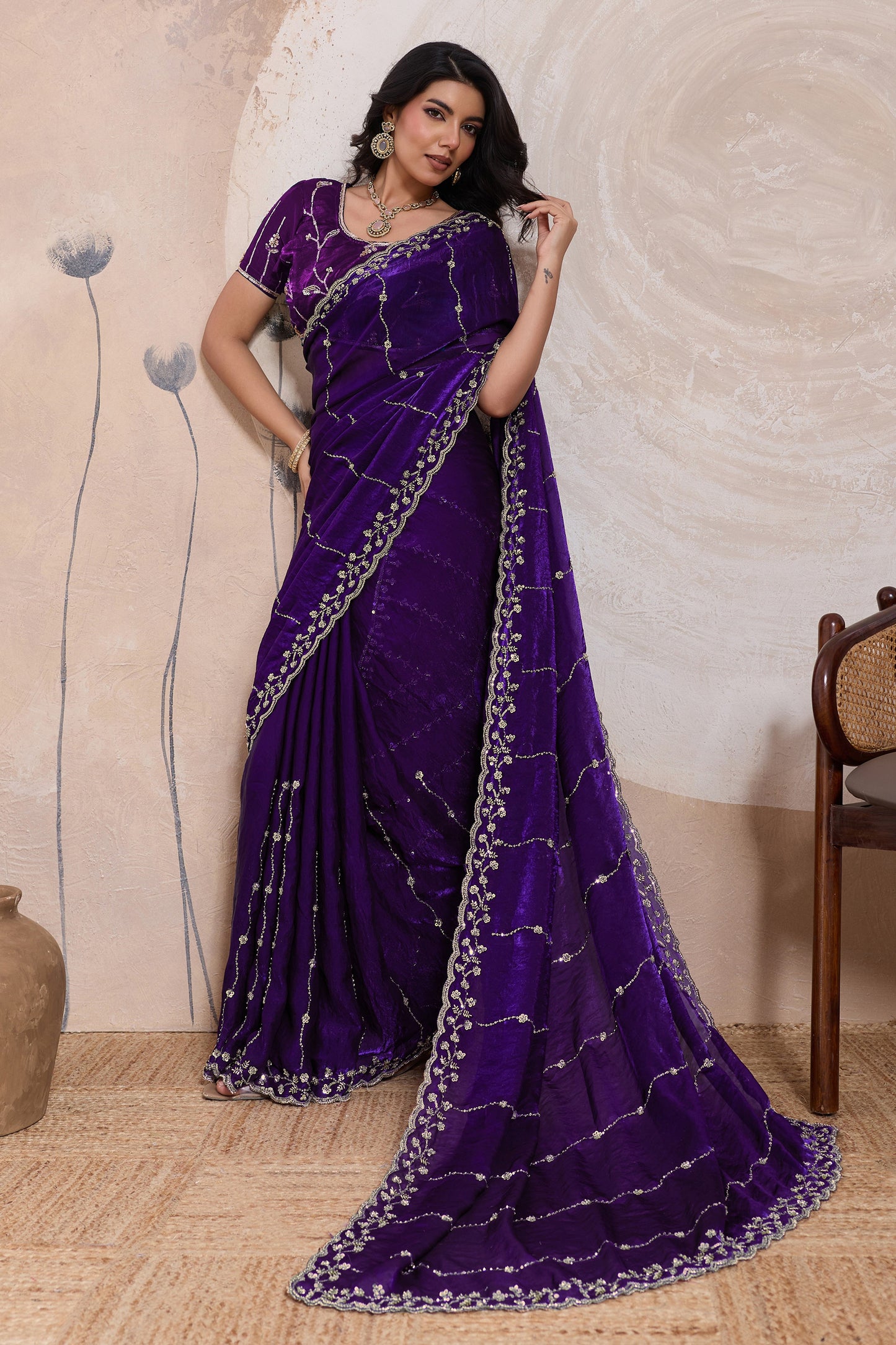 Plum Purple Embroidered Satin Saree-SAR11788_4_SareeButa.com
