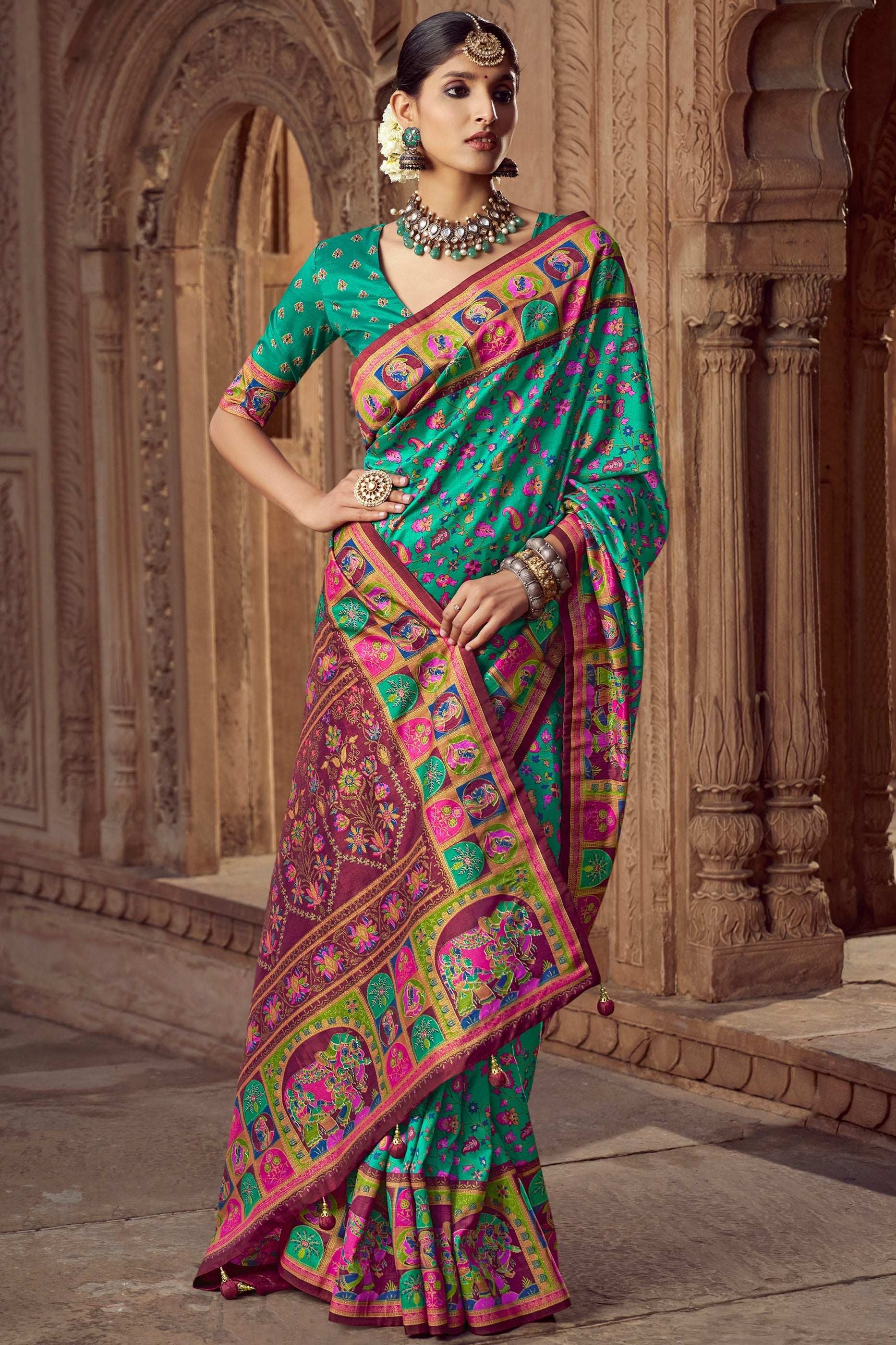 Pool Green Pashmina Printed Viscose Silk Saree-SAR10403_1_SareeButa.com