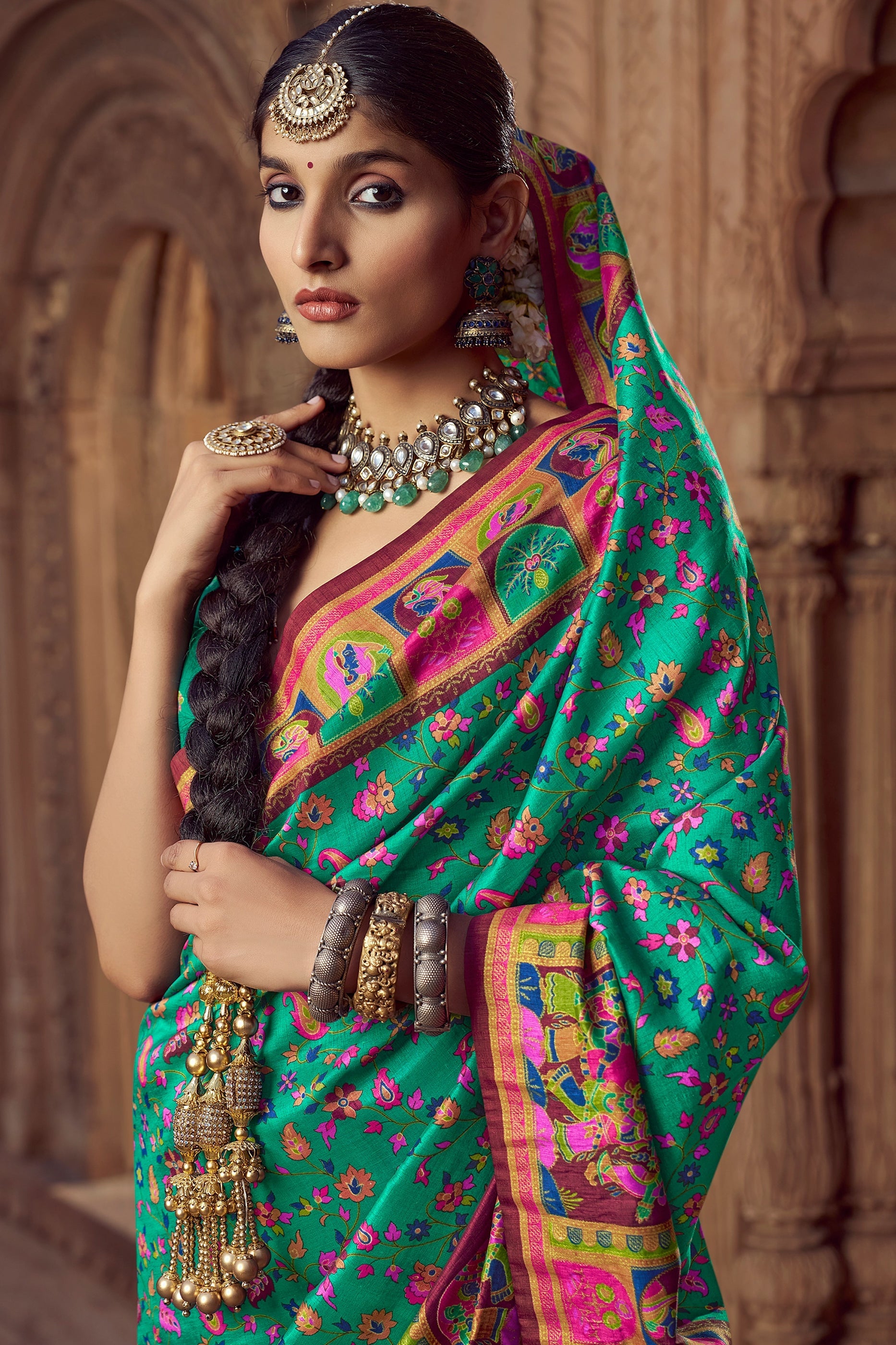 Pool Green Pashmina Printed Viscose Silk Saree-SAR10403_2_SareeButa.com