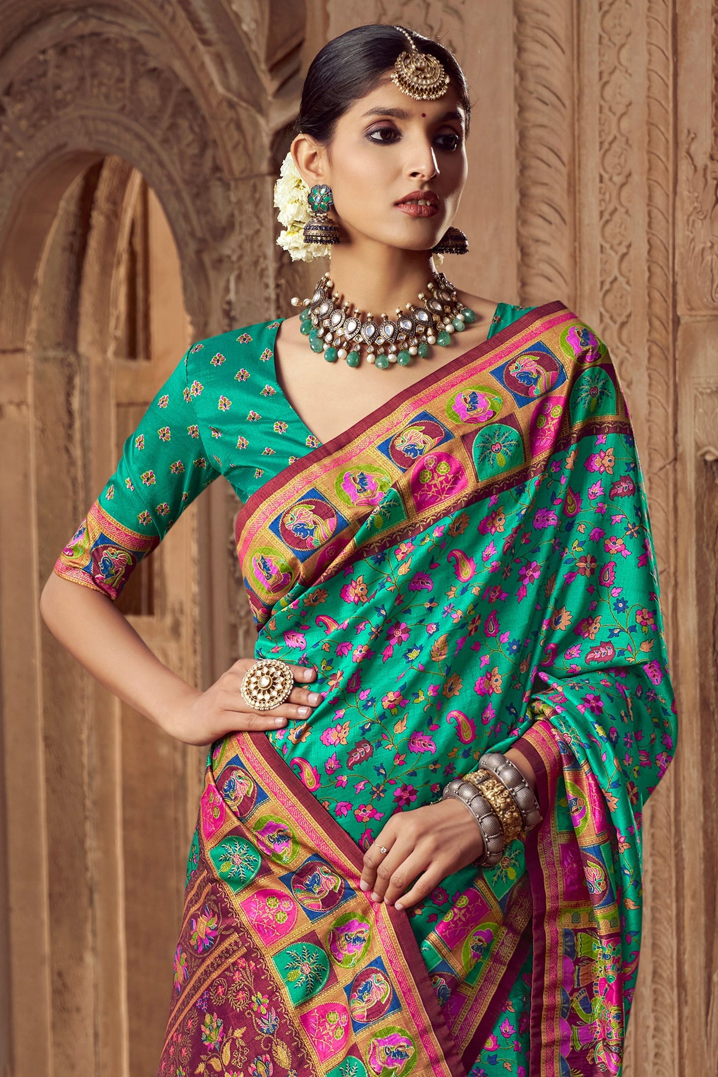 Pool Green Pashmina Printed Viscose Silk Saree-SAR10403_3_SareeButa.com