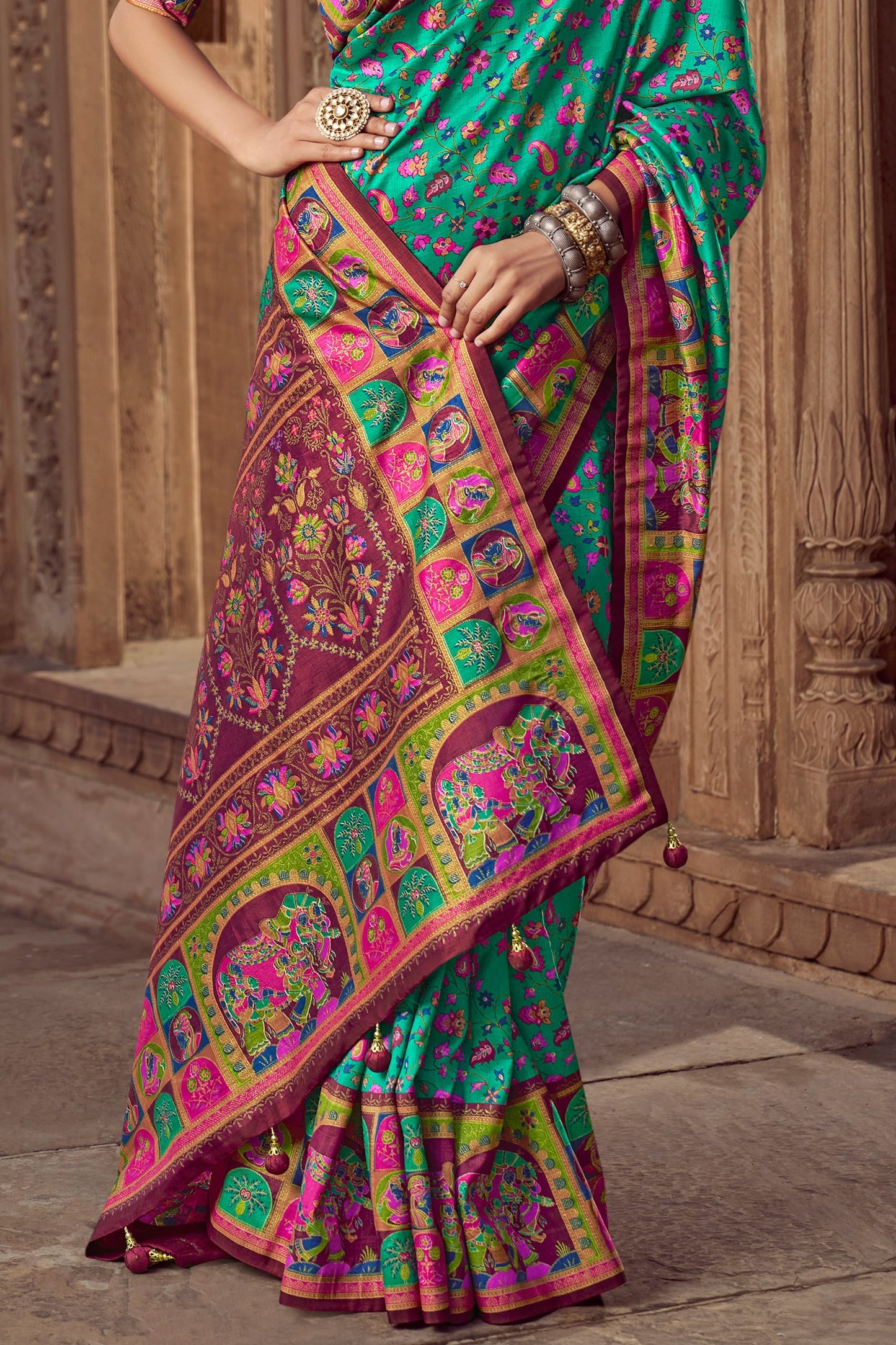 Pool Green Pashmina Printed Viscose Silk Saree-SAR10403_4_SareeButa.com