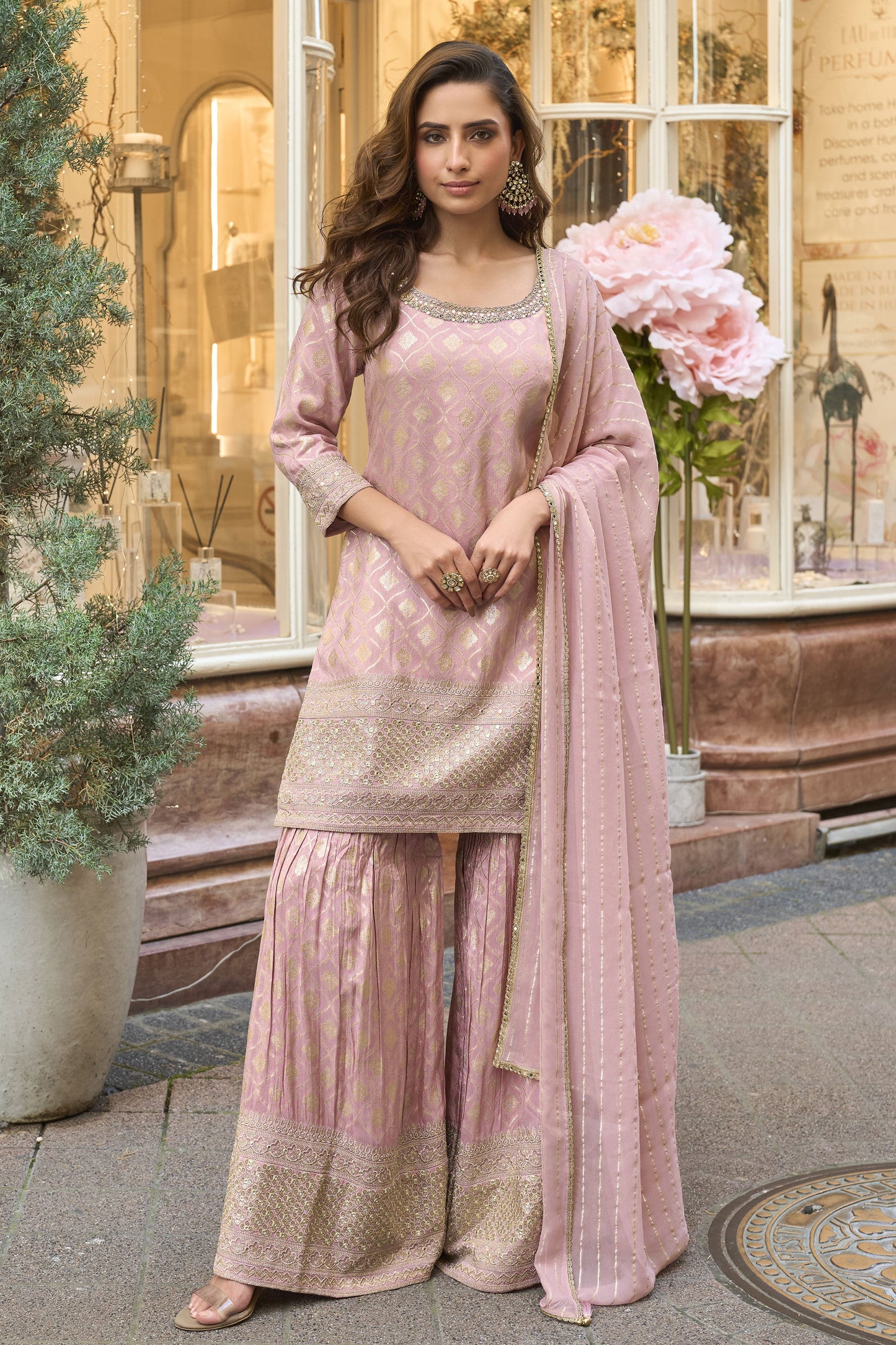 Powder Pink Readymade Embroidered Viscose Silk Sharara Suit-SS933_1_SareeButa.com