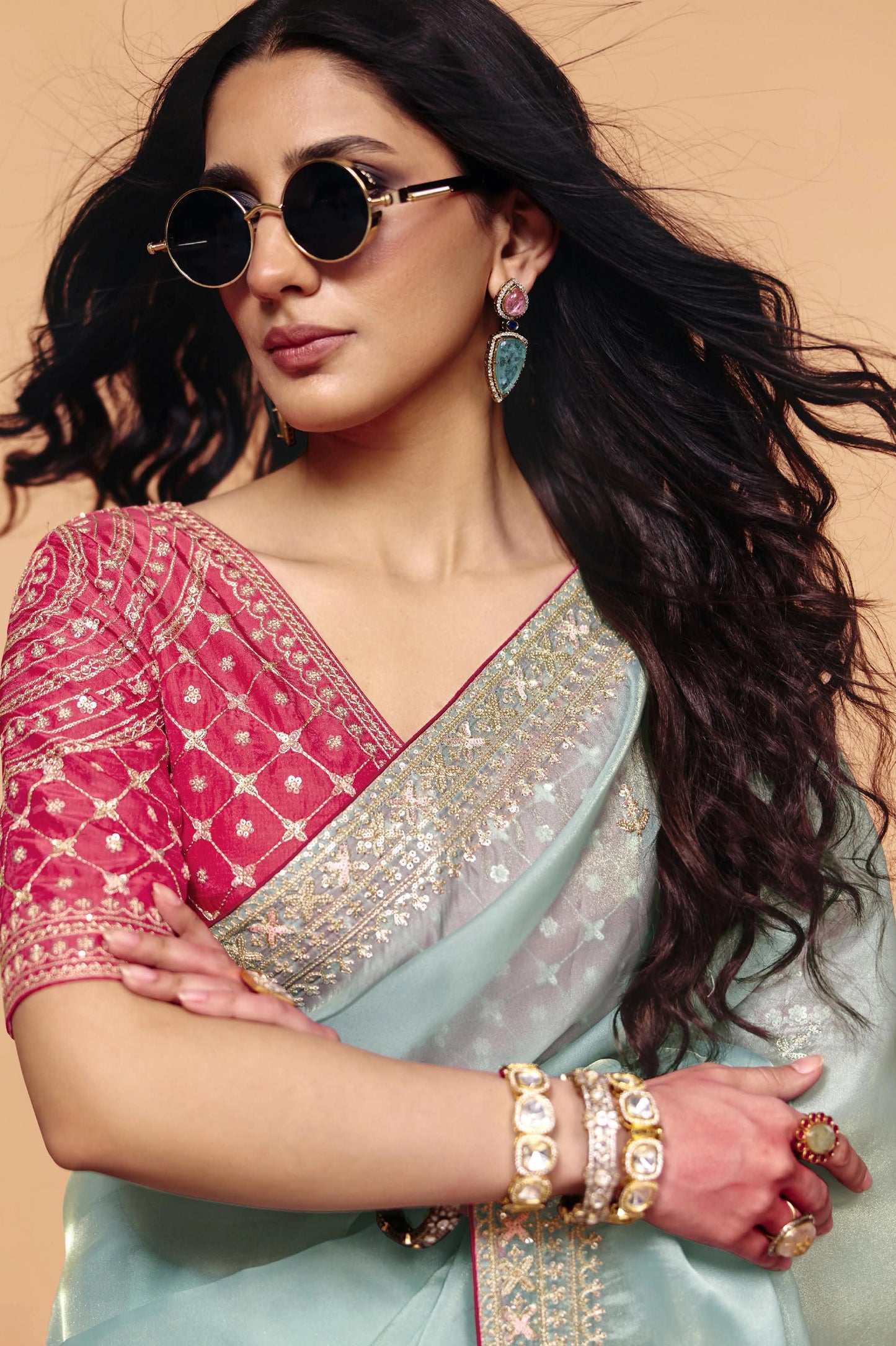 Powder Blue Embroidered Organza Saree-SAR12271_2_SareeButa.com
