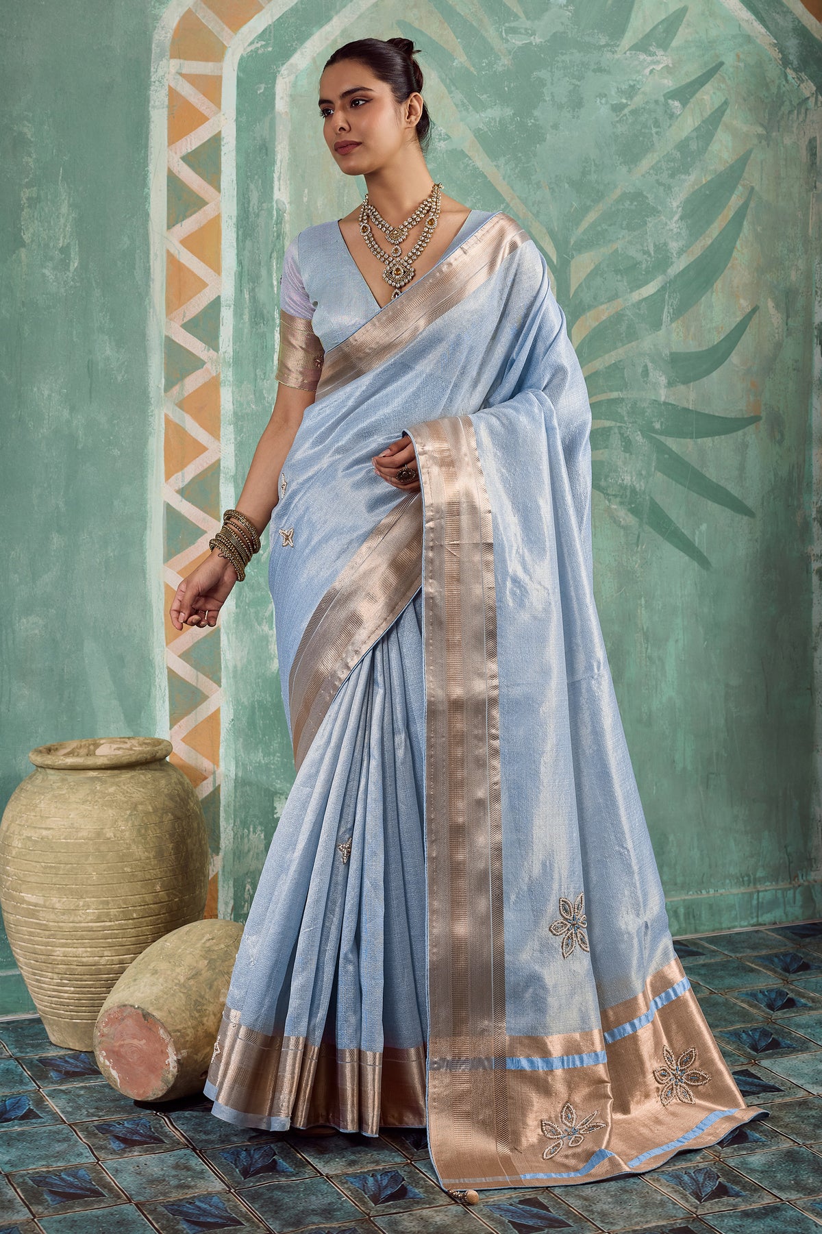 Powder Blue Embroidered Tissue Cotton Saree-SAR12940_1_SareeButa.com
