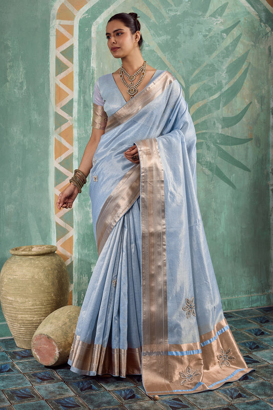 Powder Blue Embroidered Tissue Cotton Saree-SAR12940_1_SareeButa.com