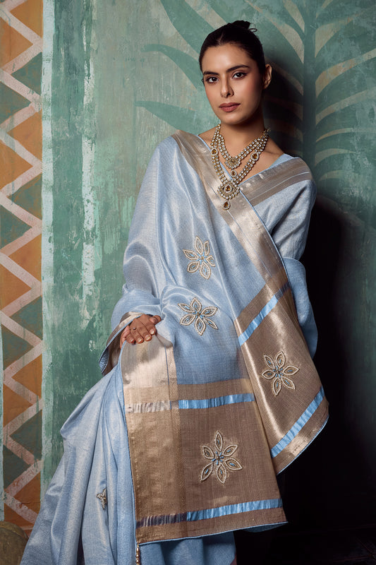 Powder Blue Embroidered Tissue Cotton Saree-SAR12940_2_SareeButa.com
