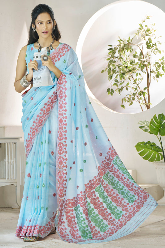 Powder Blue Printed Linen Silk Saree-ZB134717_1_SareeButa.com