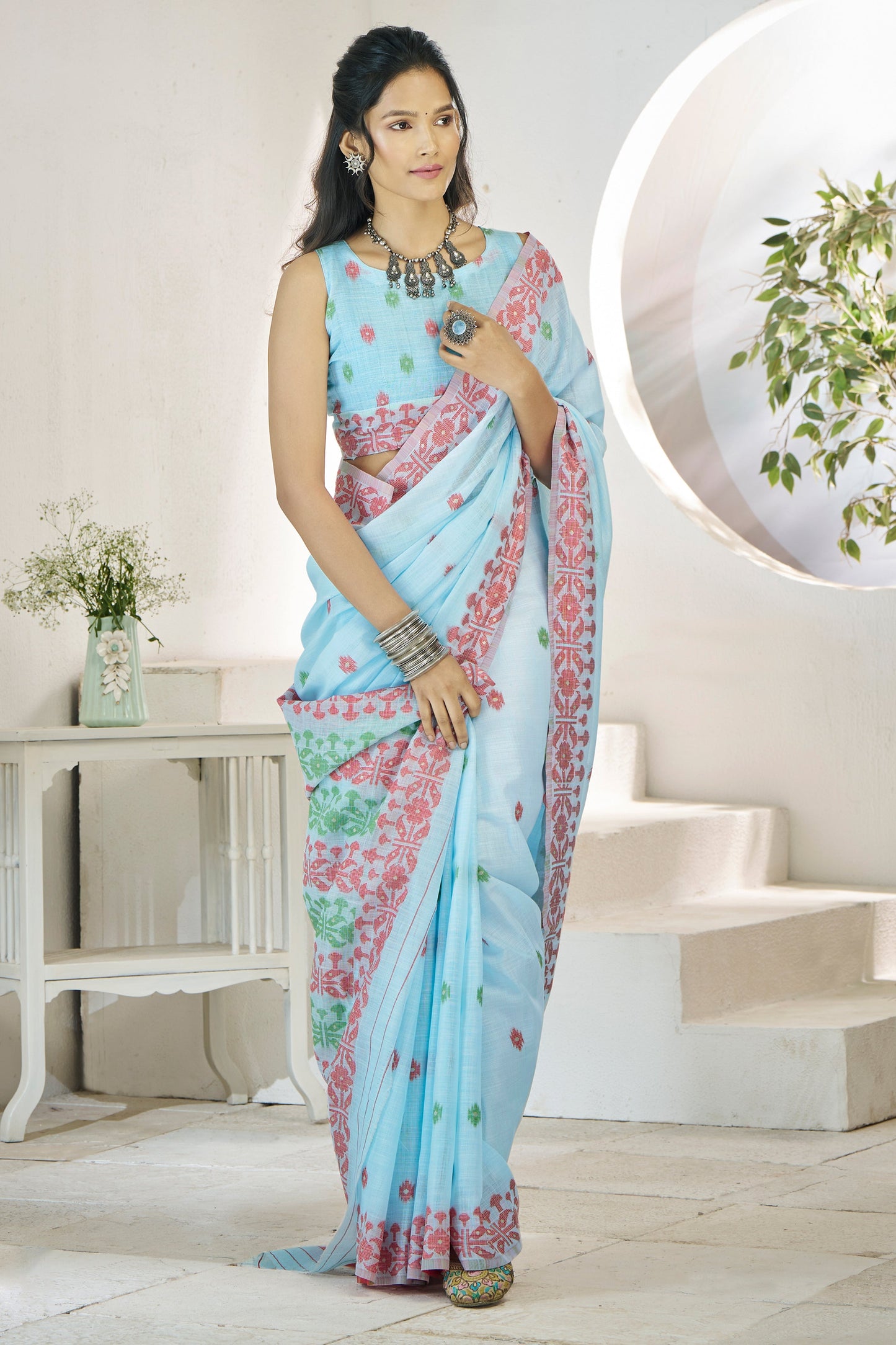 Powder Blue Printed Linen Silk Saree-ZB134717_3_SareeButa.com
