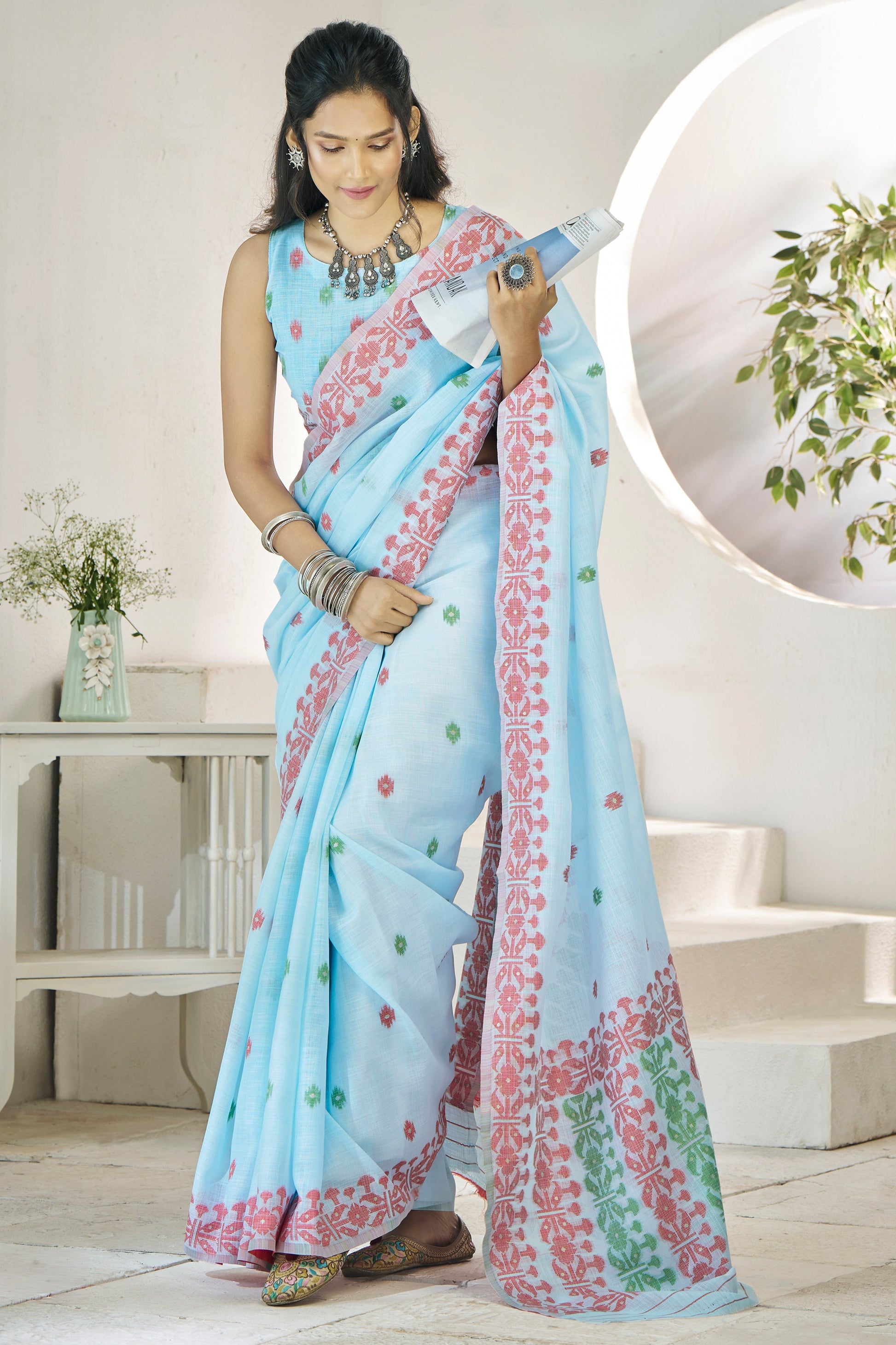 Powder Blue Printed Linen Silk Saree-ZB134717_4_SareeButa.com