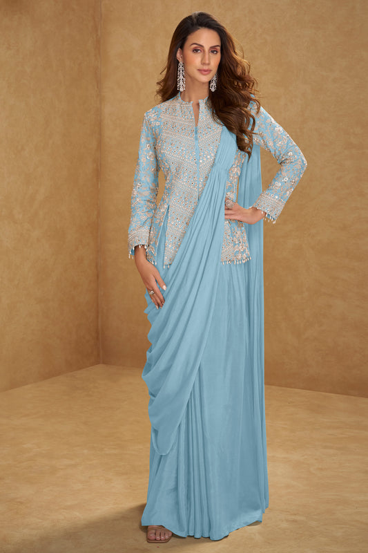 Powder Blue Readymade Chinon Skirt Set With Stitched Dupatta-SAR12797_1_SareeButa.com