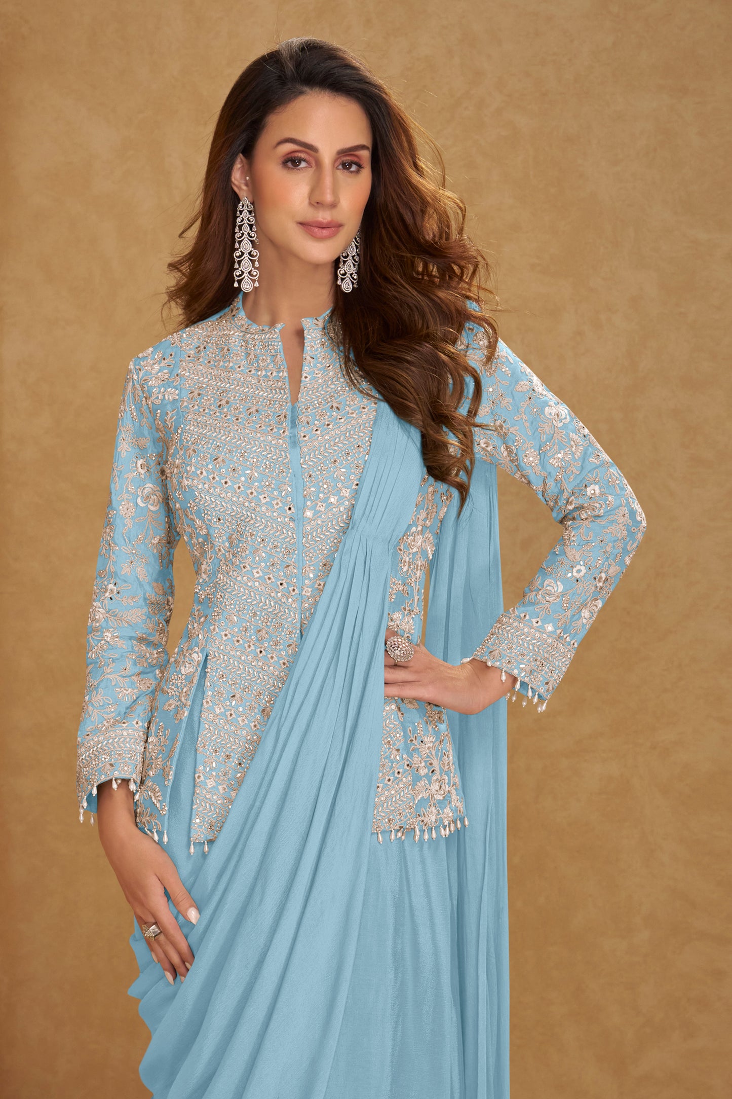 Powder Blue Readymade Chinon Skirt Set With Stitched Dupatta-SAR12797_3_SareeButa.com