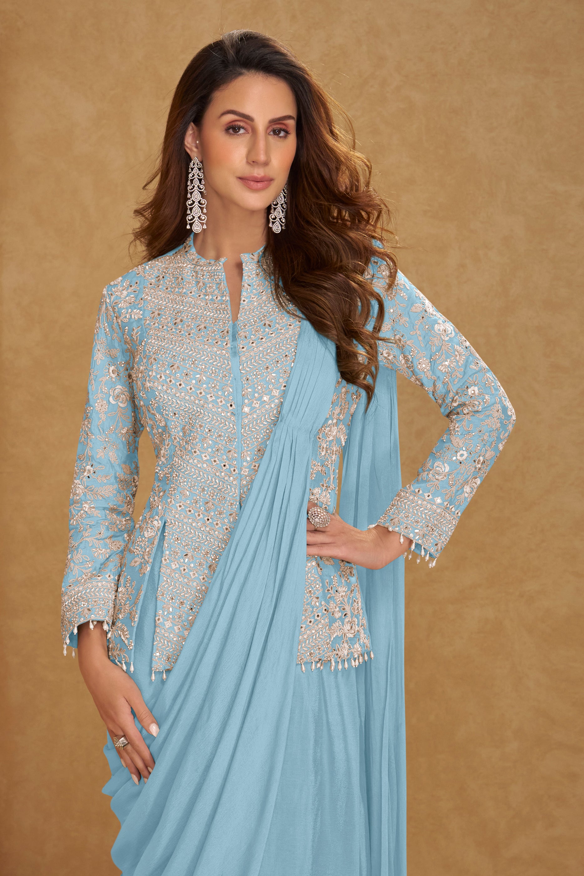 Powder Blue Readymade Chinon Skirt Set With Stitched Dupatta-SAR12797_3_SareeButa.com