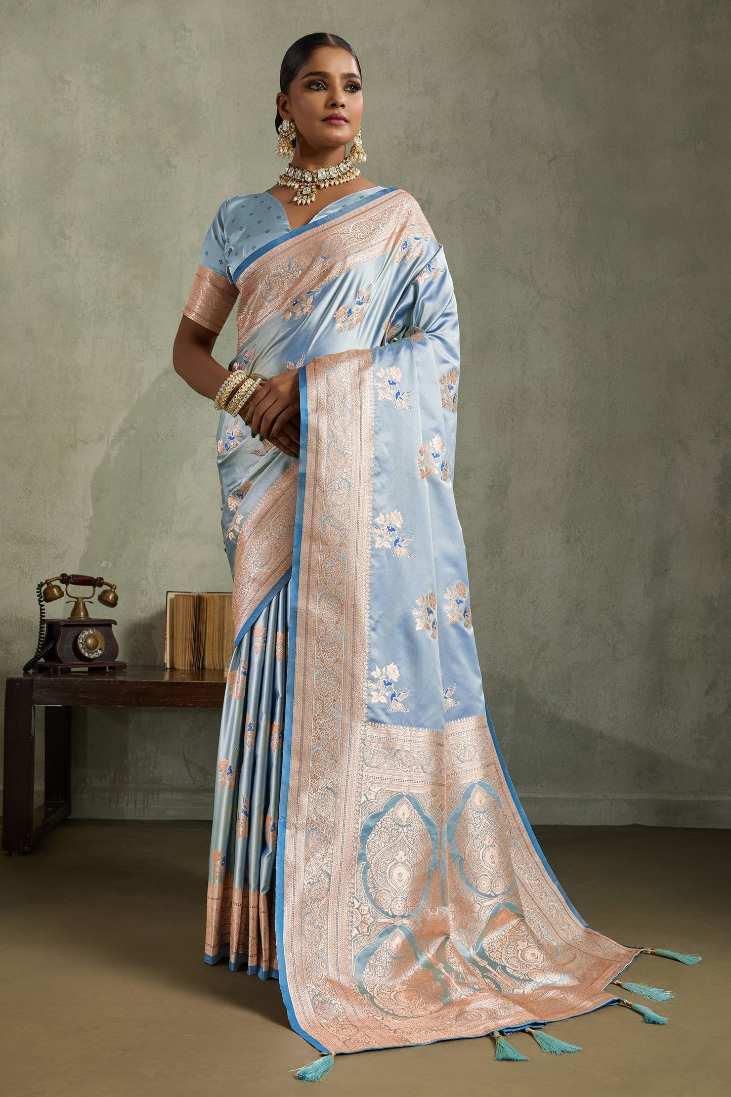 Powder Blue Woven Satin Silk Banarasi Saree-SAR11802_1_SareeButa.com