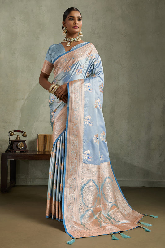 Powder Blue Woven Satin Silk Banarasi Saree-SAR11802_1_SareeButa.com