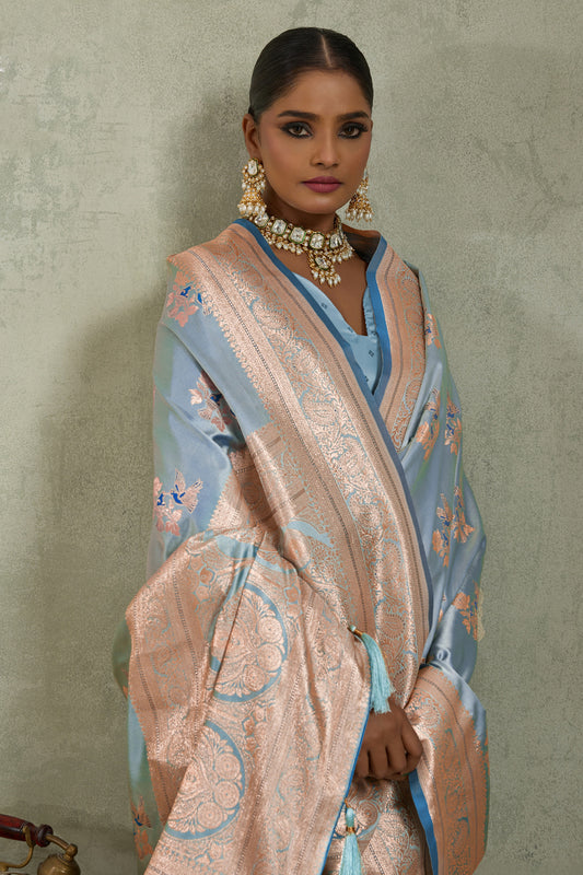 Powder Blue Woven Satin Silk Banarasi Saree-SAR11802_2_SareeButa.com