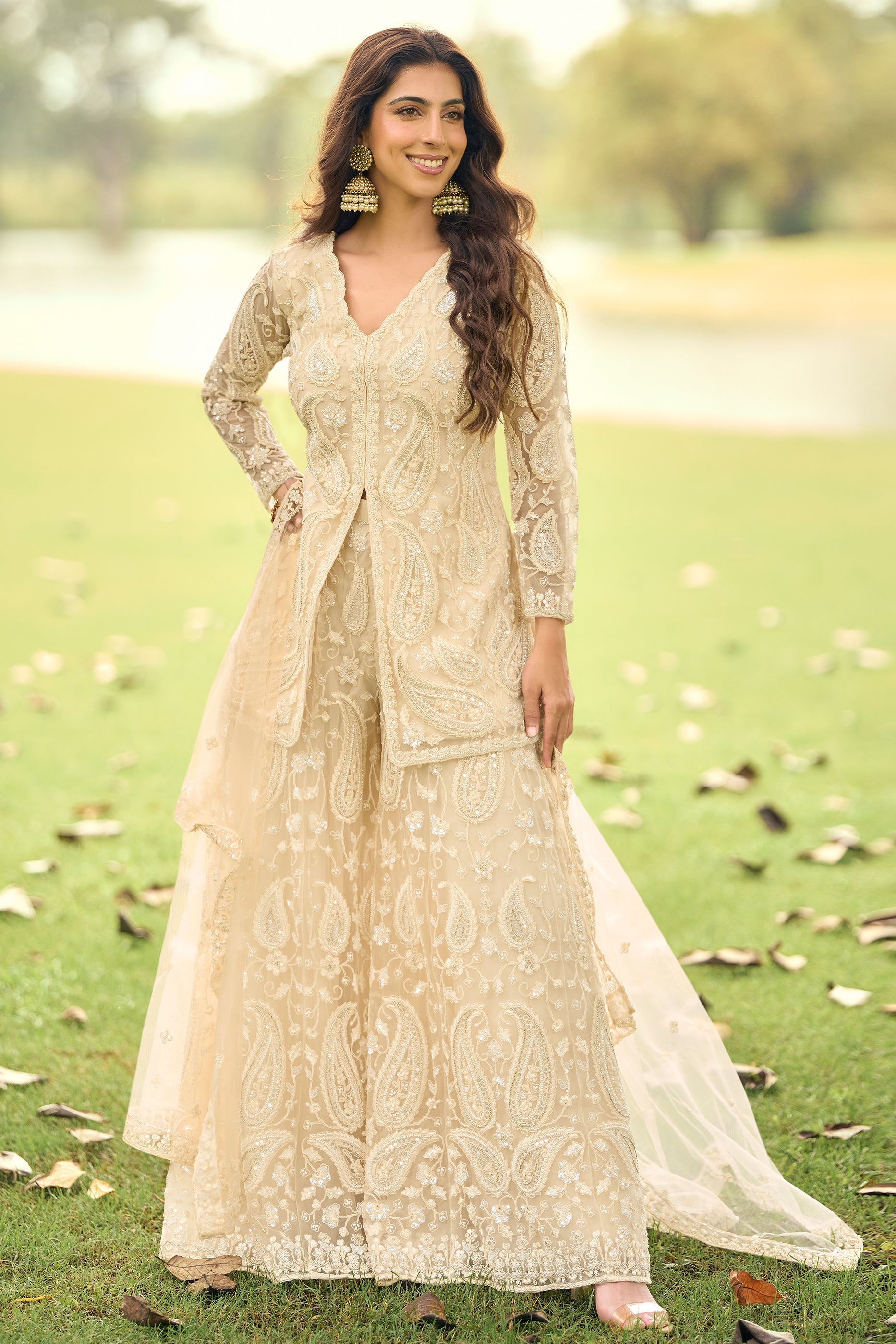 Powder Peach Readymade Embroidered Net Suit-SAR11661_1_SareeButa.com
