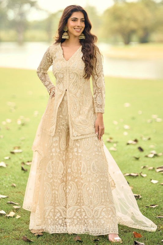 Powder Peach Readymade Embroidered Net Suit-SAR11661_1_SareeButa.com