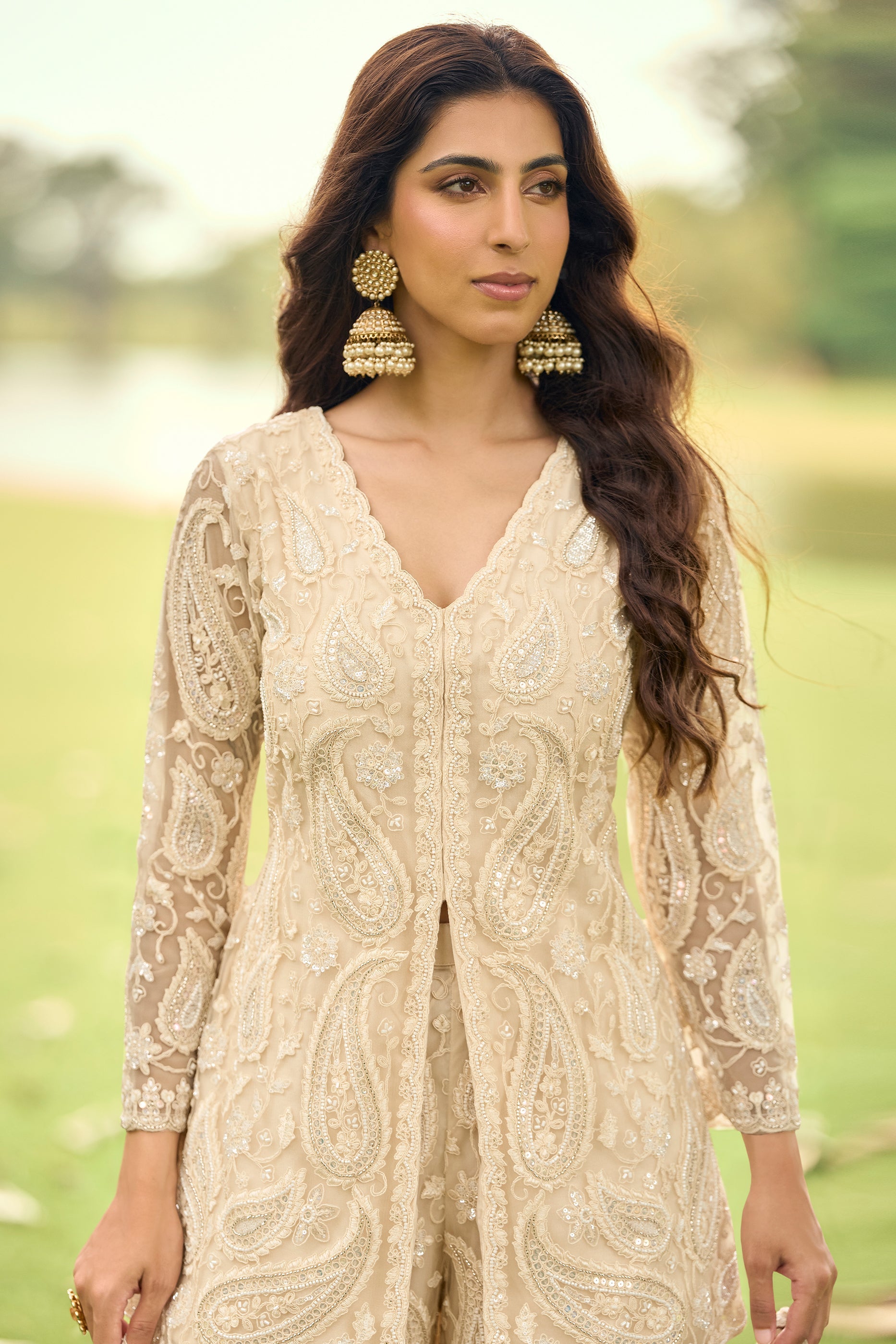Powder Peach Readymade Embroidered Net Suit-SAR11661_3_SareeButa.com
