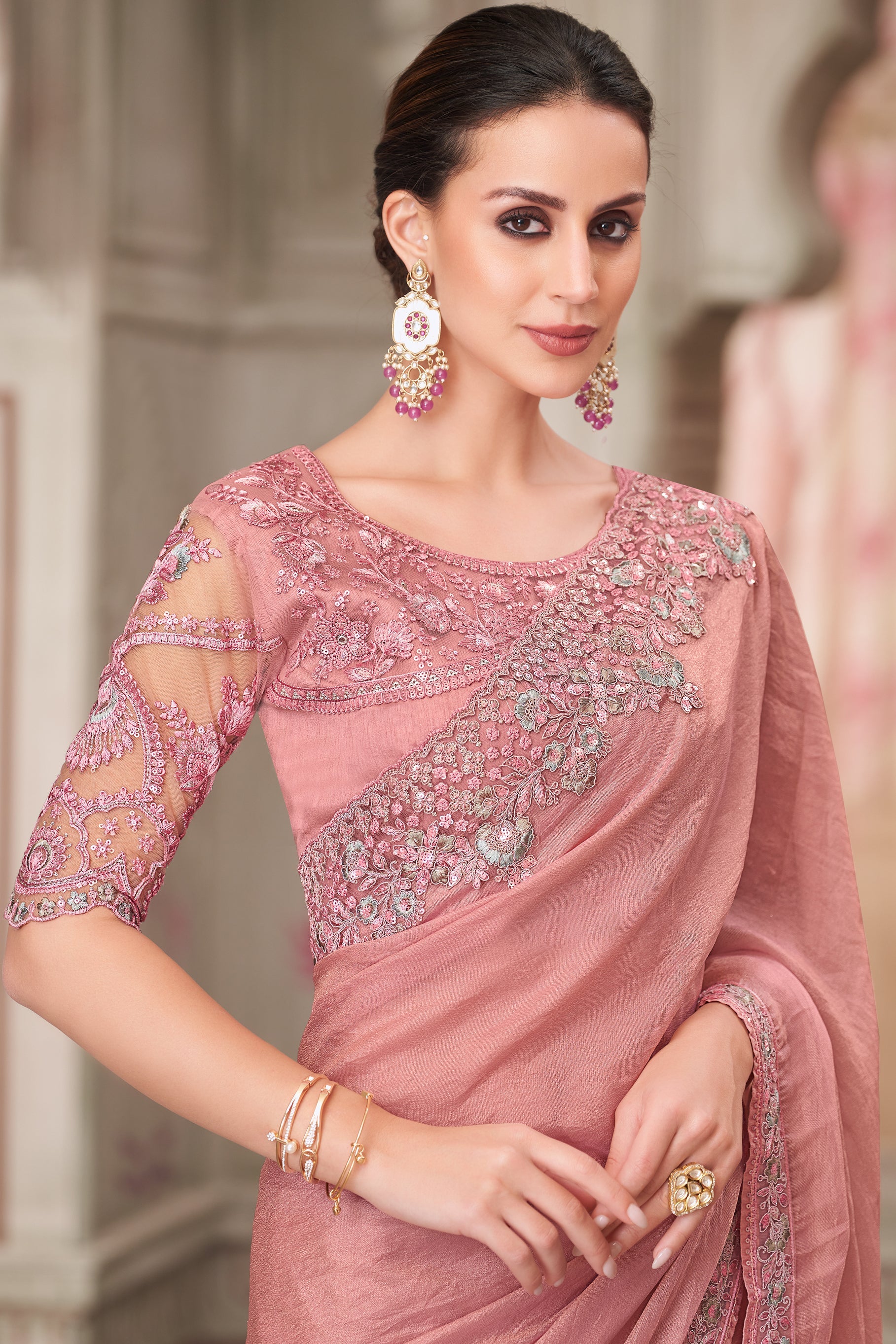 Powder Pink Embroidered Satin Georgette Saree-ZB134567_2_SareeButa.com