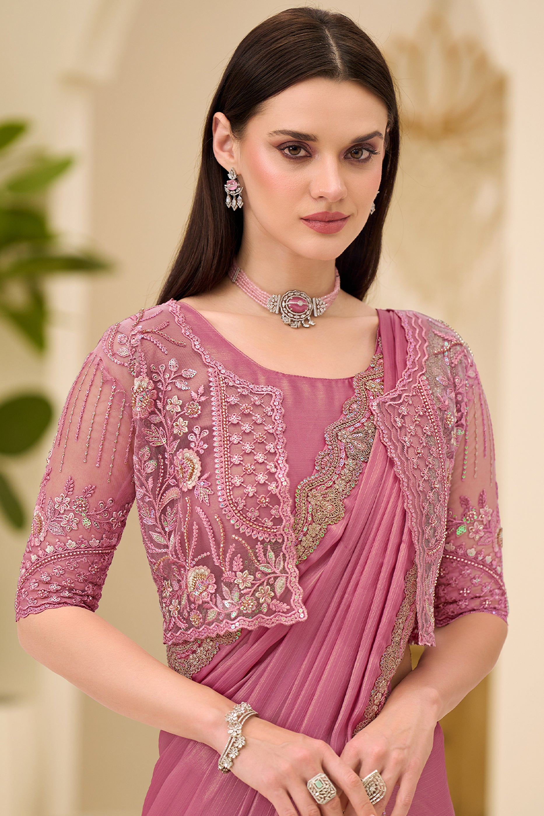 Powder Pink Embroidered Satin Saree-SAR12442_2_SareeButa.com