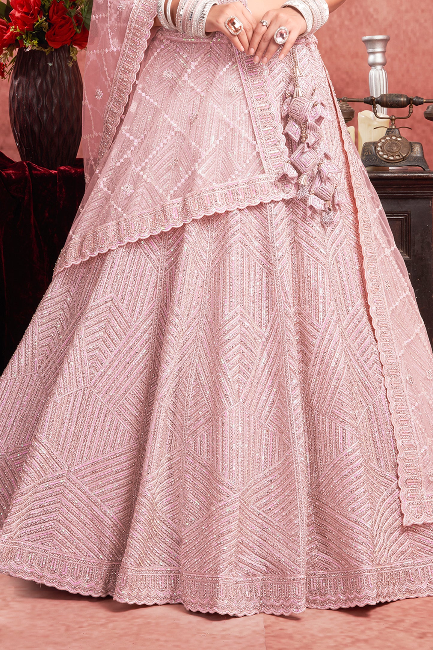 Powder Pink Readymade Embroidered Net Lehenga