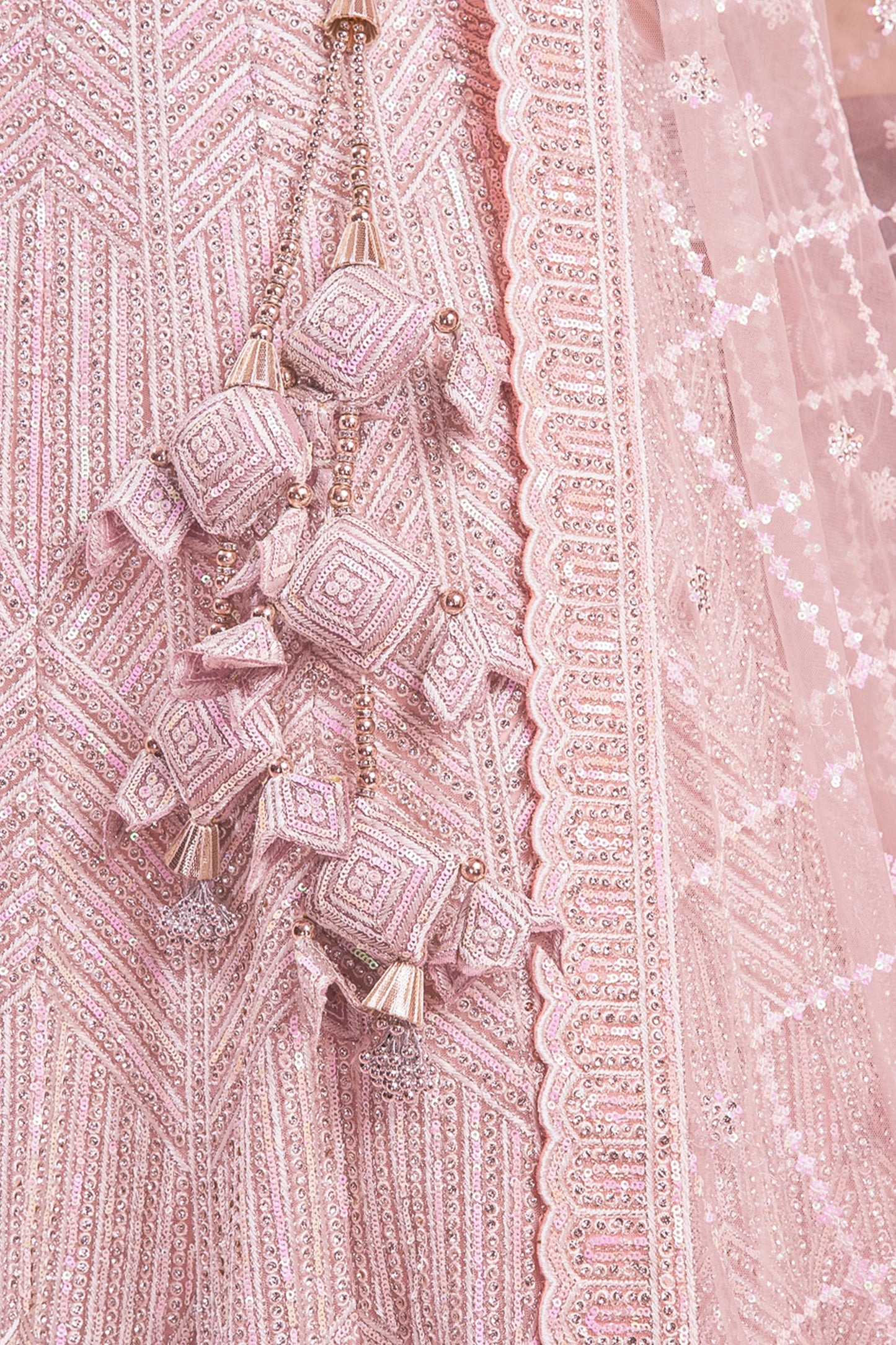 Powder Pink Readymade Embroidered Net Lehenga