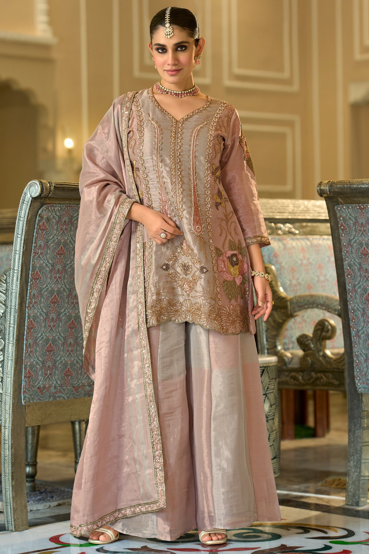 Powder Pink Readymade Embroidered Tissue Palazzo Suit-SAR13326_1_SareeButa.com